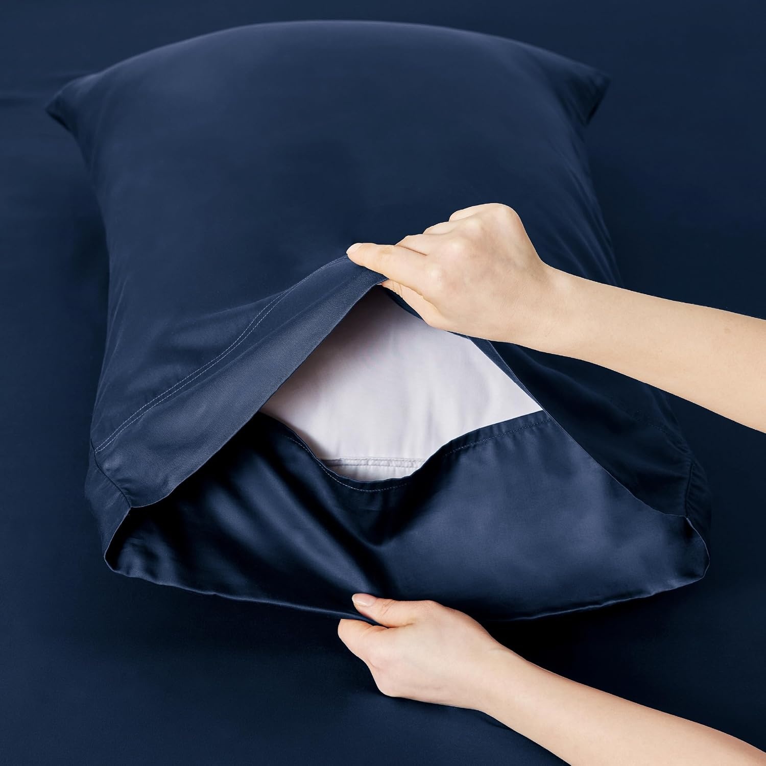 image:imageBedsure PureWoven 100 Rayon Derived from Bamboo Queen Sheets 4 Pieces Cooling Sheets for Hot Sleepers Breathable amp Silky Soft 16 Deep Pocket Hotel Luxury Bedding White07 Navy
