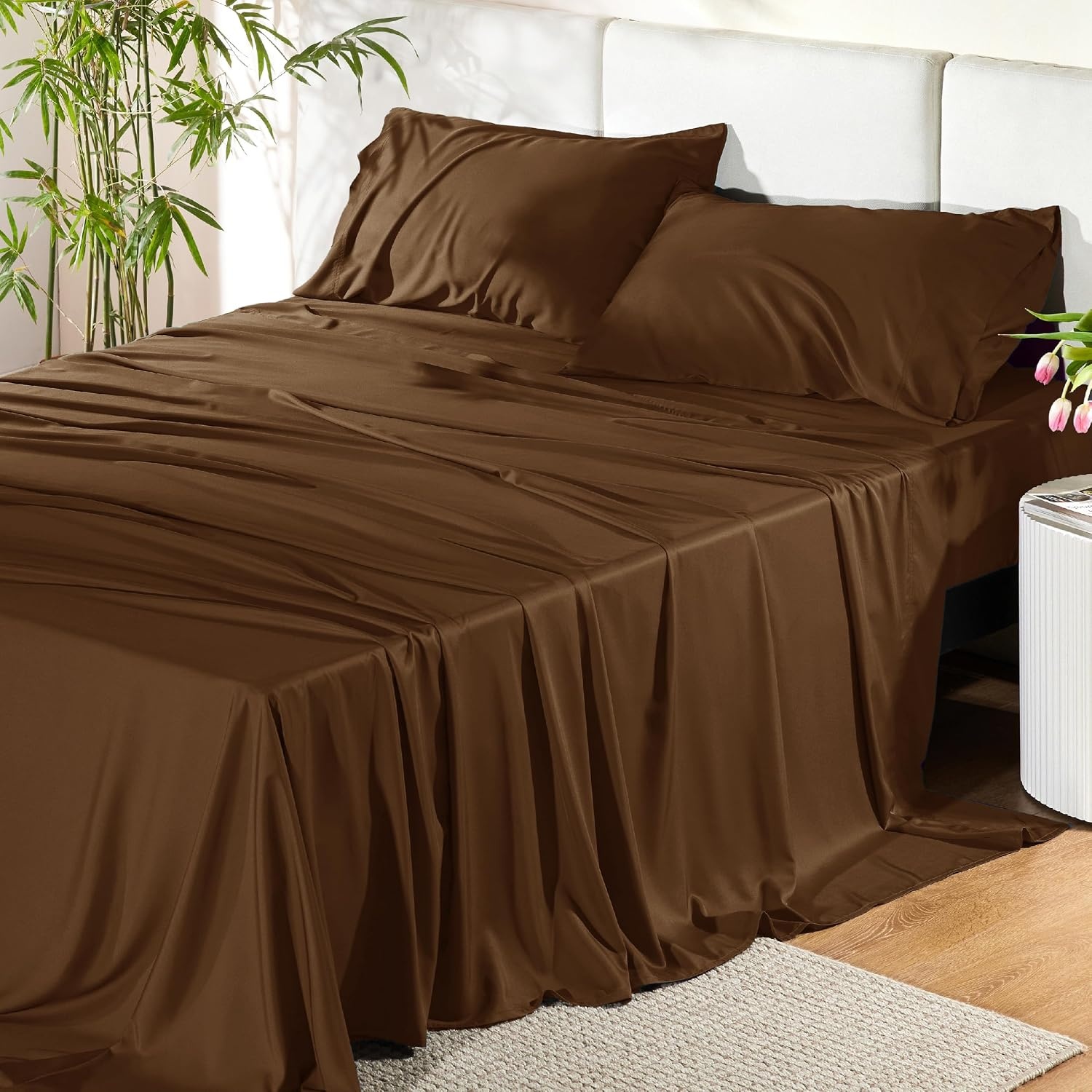 image:imageBedsure PureWoven 100 Rayon Derived from Bamboo Queen Sheets 4 Pieces Cooling Sheets for Hot Sleepers Breathable amp Silky Soft 16 Deep Pocket Hotel Luxury Bedding White20 Brown