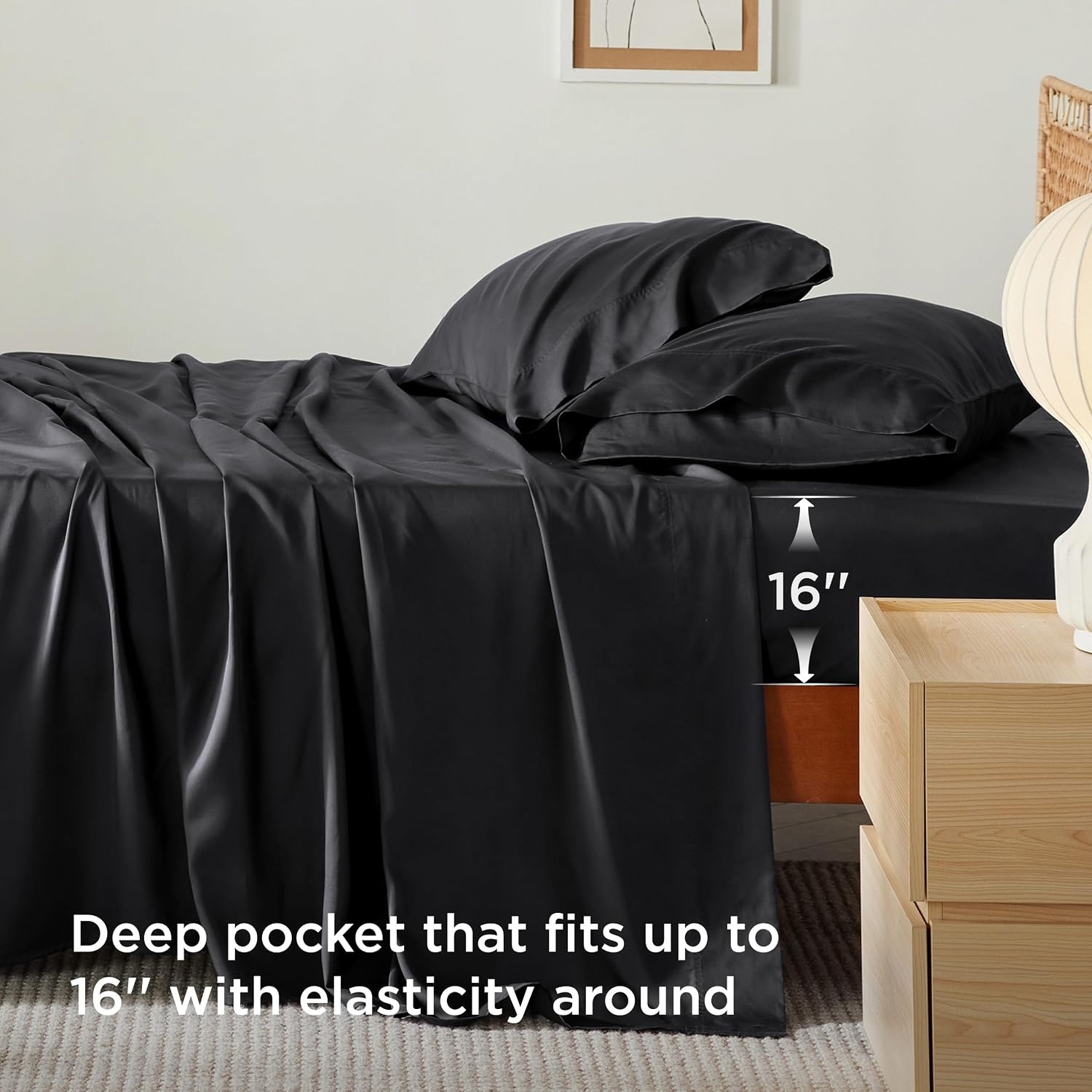 image:imageBedsure PureWoven 100 Rayon Derived from Bamboo Queen Sheets 4 Pieces Cooling Sheets for Hot Sleepers Breathable amp Silky Soft 16 Deep Pocket Hotel Luxury Bedding White09 Black