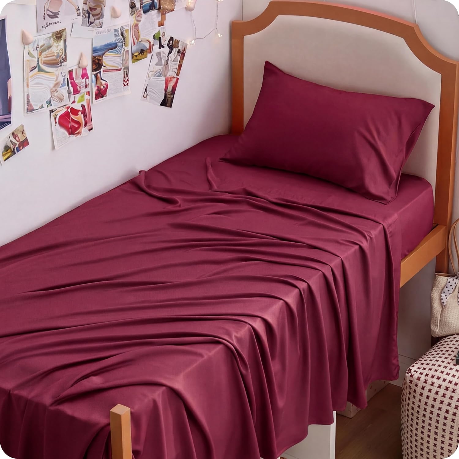 image:imageBedsure PureWoven 100 Rayon Derived from Bamboo Queen Sheets 4 Pieces Cooling Sheets for Hot Sleepers Breathable amp Silky Soft 16 Deep Pocket Hotel Luxury Bedding White15 Burgundy