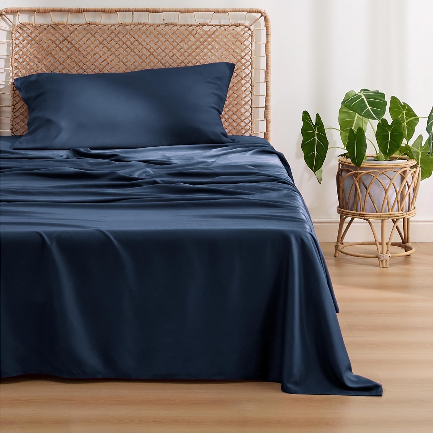 image:imageBedsure PureWoven 100 Rayon Derived from Bamboo Queen Sheets 4 Pieces Cooling Sheets for Hot Sleepers Breathable amp Silky Soft 16 Deep Pocket Hotel Luxury Bedding White07 Navy