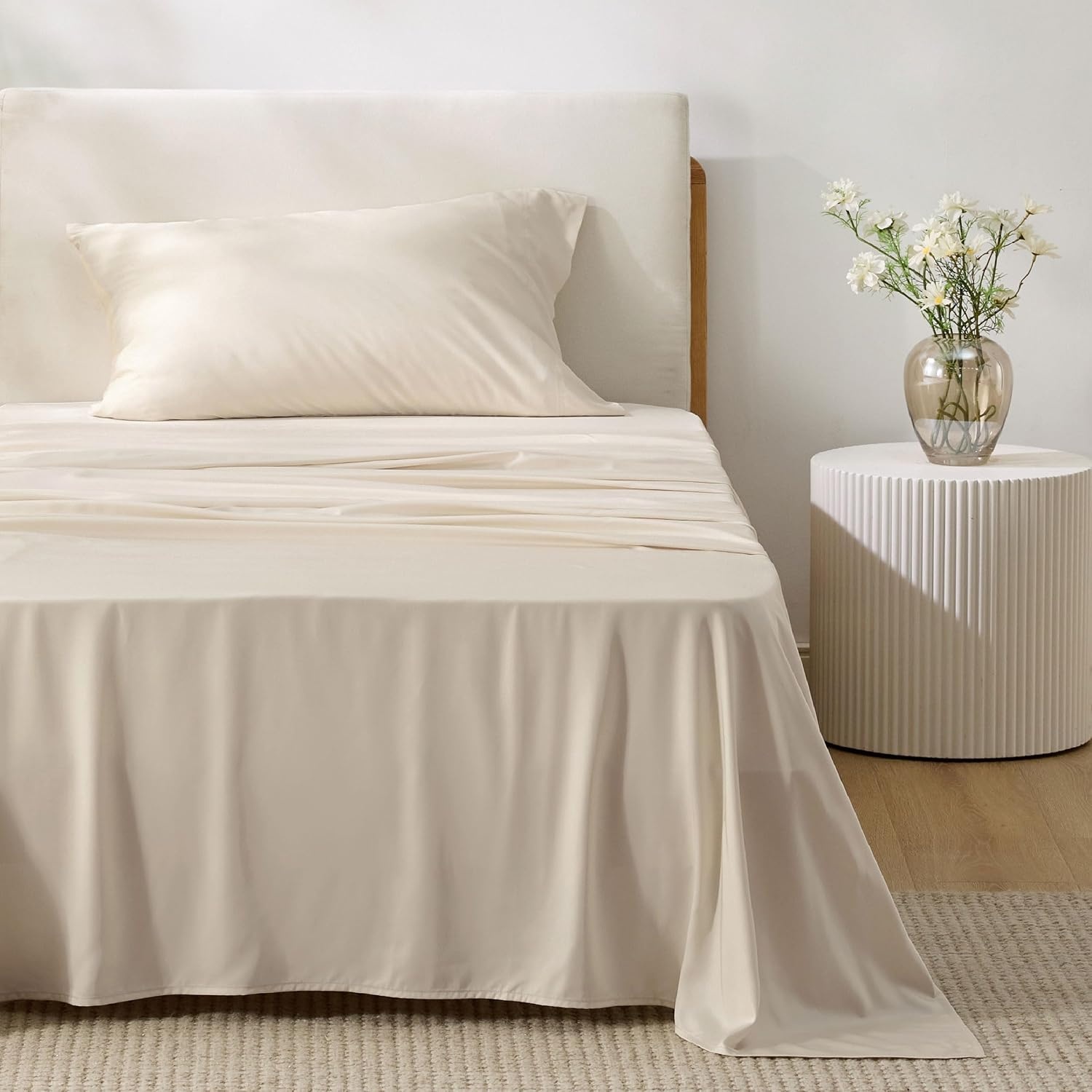image:imageBedsure PureWoven 100 Rayon Derived from Bamboo Queen Sheets 4 Pieces Cooling Sheets for Hot Sleepers Breathable amp Silky Soft 16 Deep Pocket Hotel Luxury Bedding White12 Light Beige