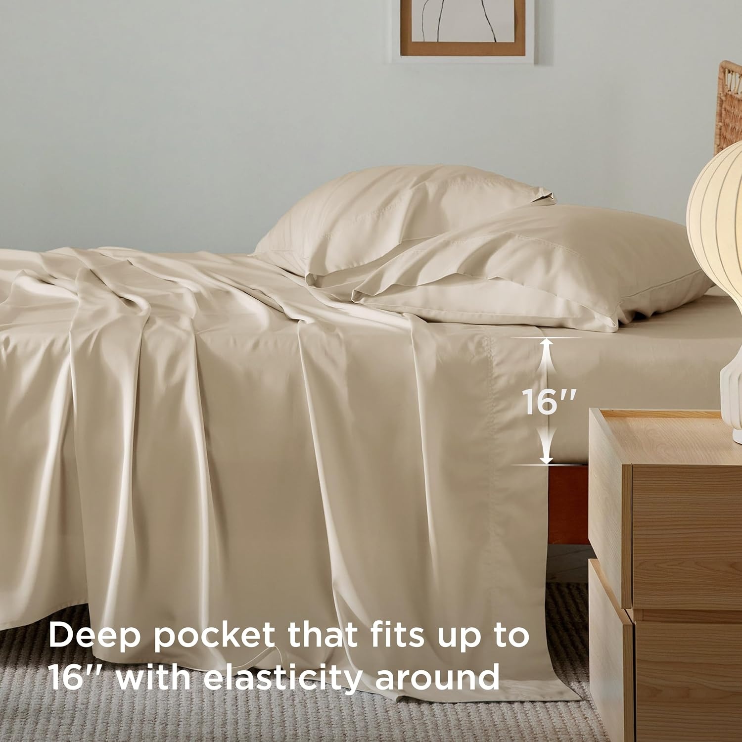 image:imageBedsure PureWoven 100 Rayon Derived from Bamboo Queen Sheets 4 Pieces Cooling Sheets for Hot Sleepers Breathable amp Silky Soft 16 Deep Pocket Hotel Luxury Bedding White03 Beige
