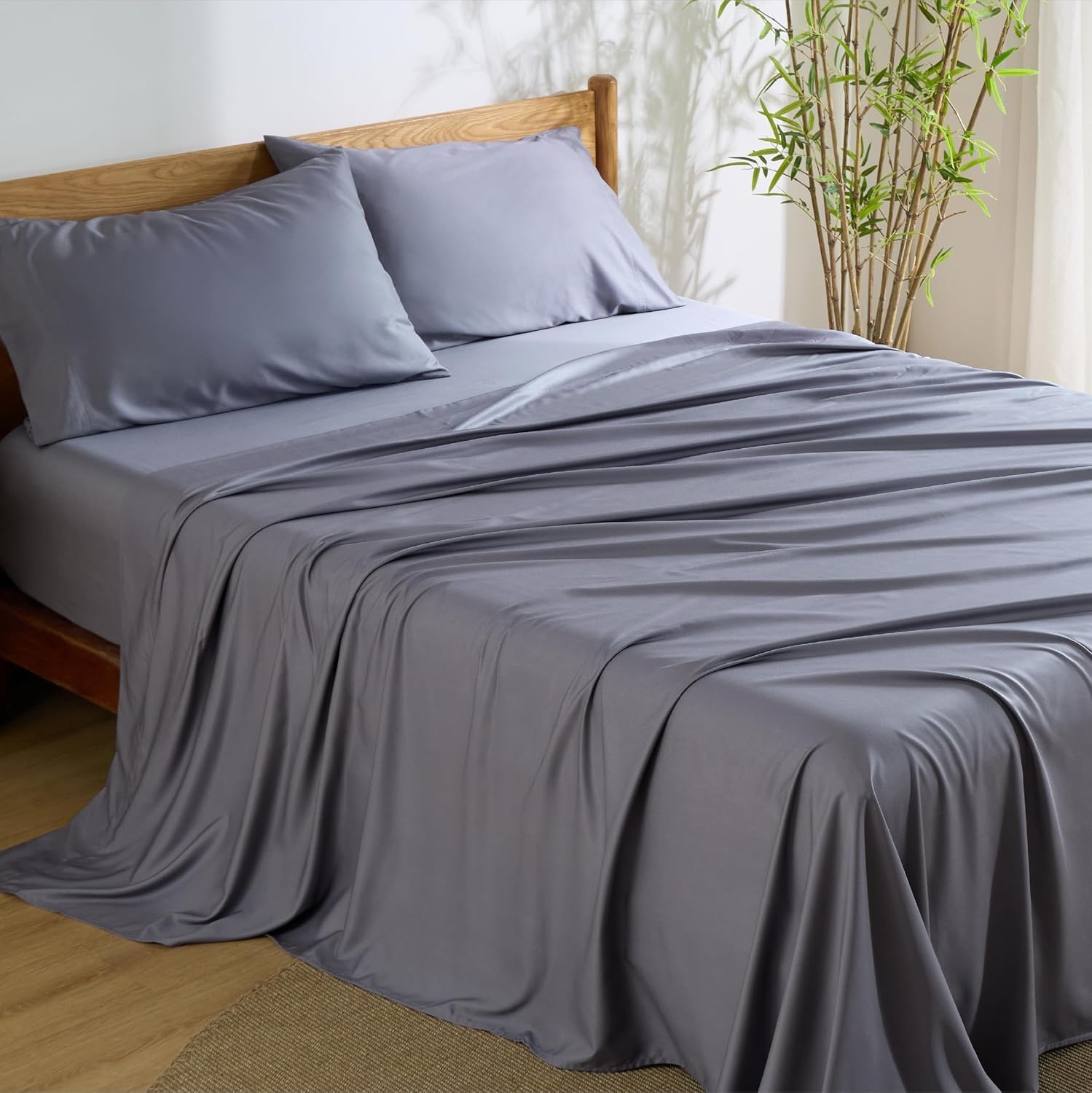 image:imageBedsure PureWoven 100 Rayon Derived from Bamboo Queen Sheets 4 Pieces Cooling Sheets for Hot Sleepers Breathable amp Silky Soft 16 Deep Pocket Hotel Luxury Bedding White01 Dark Grey