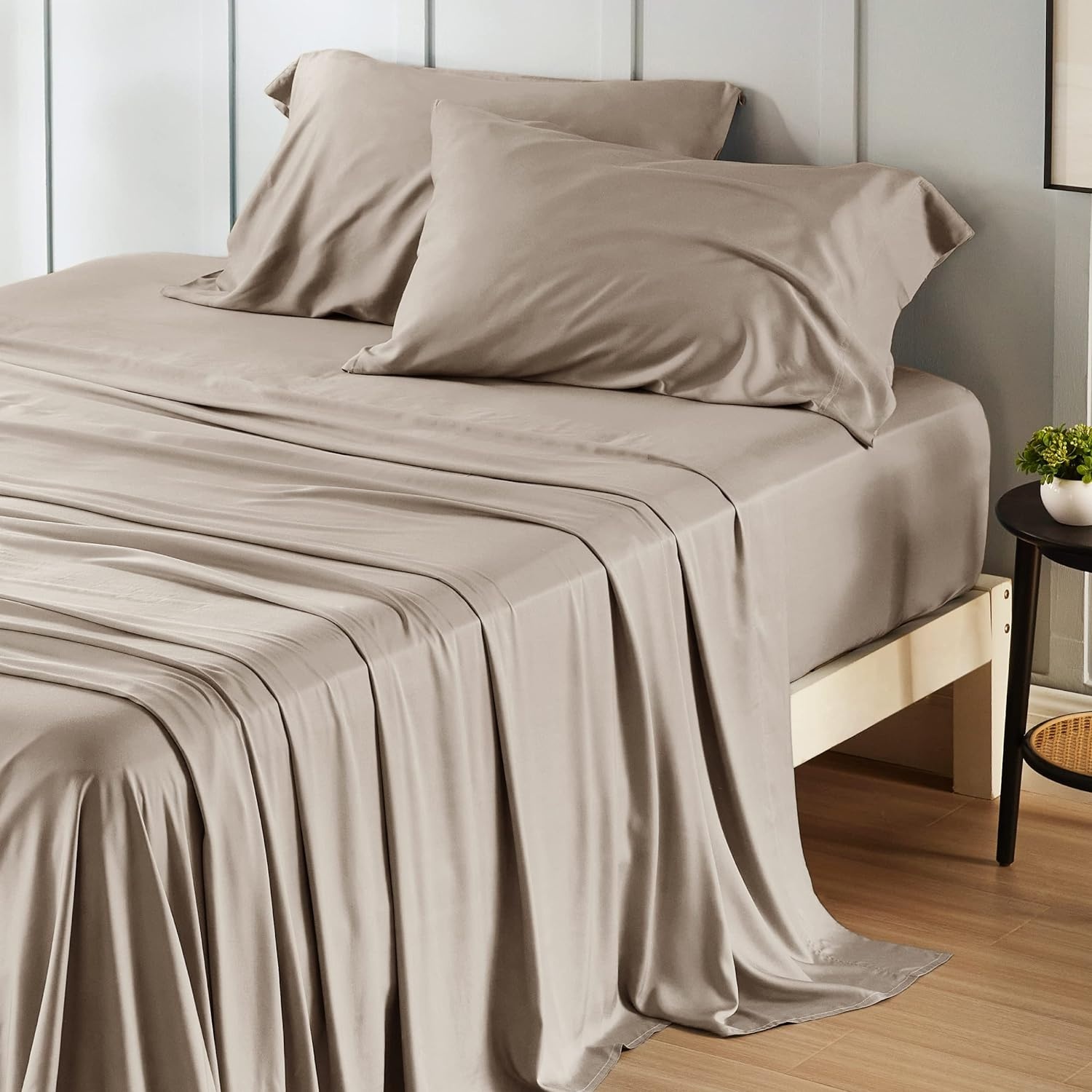 image:imageBedsure PureWoven 100 Rayon Derived from Bamboo Queen Sheets 4 Pieces Cooling Sheets for Hot Sleepers Breathable amp Silky Soft 16 Deep Pocket Hotel Luxury Bedding White17 Simply Taupe
