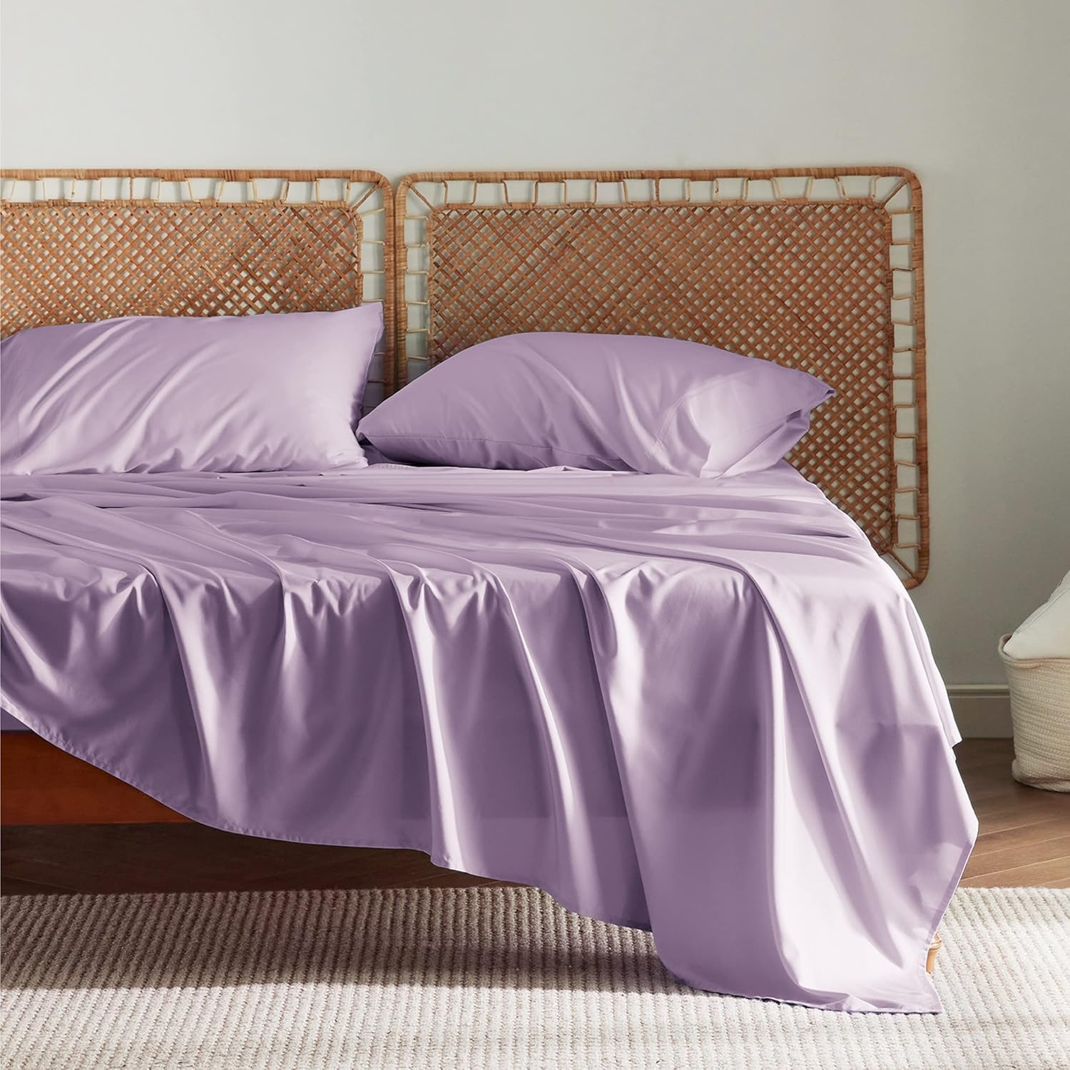 image:imageBedsure PureWoven 100 Rayon Derived from Bamboo Queen Sheets 4 Pieces Cooling Sheets for Hot Sleepers Breathable amp Silky Soft 16 Deep Pocket Hotel Luxury Bedding White13 Lilac