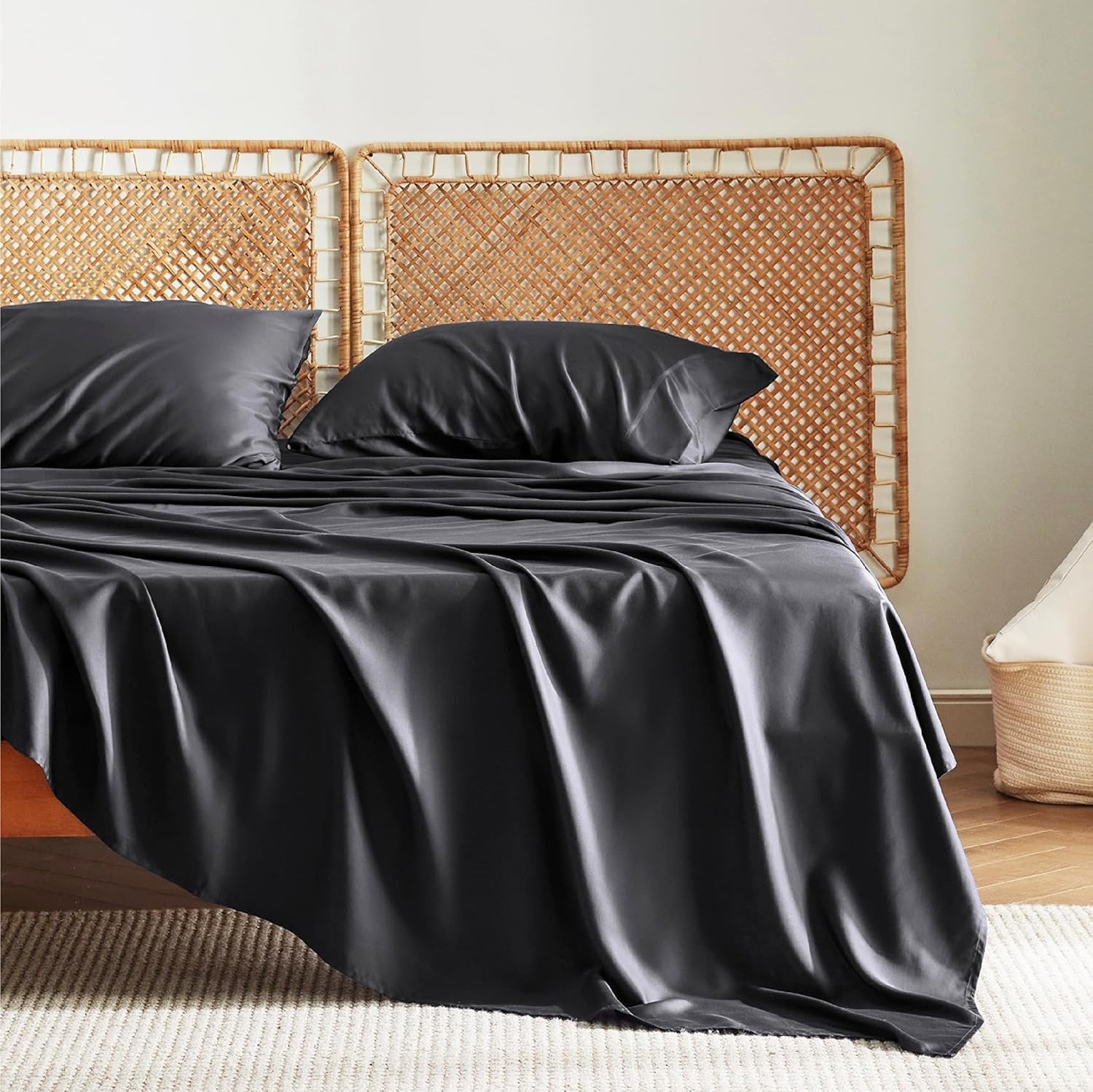 image:imageBedsure PureWoven 100 Rayon Derived from Bamboo Queen Sheets 4 Pieces Cooling Sheets for Hot Sleepers Breathable amp Silky Soft 16 Deep Pocket Hotel Luxury Bedding White09 Black