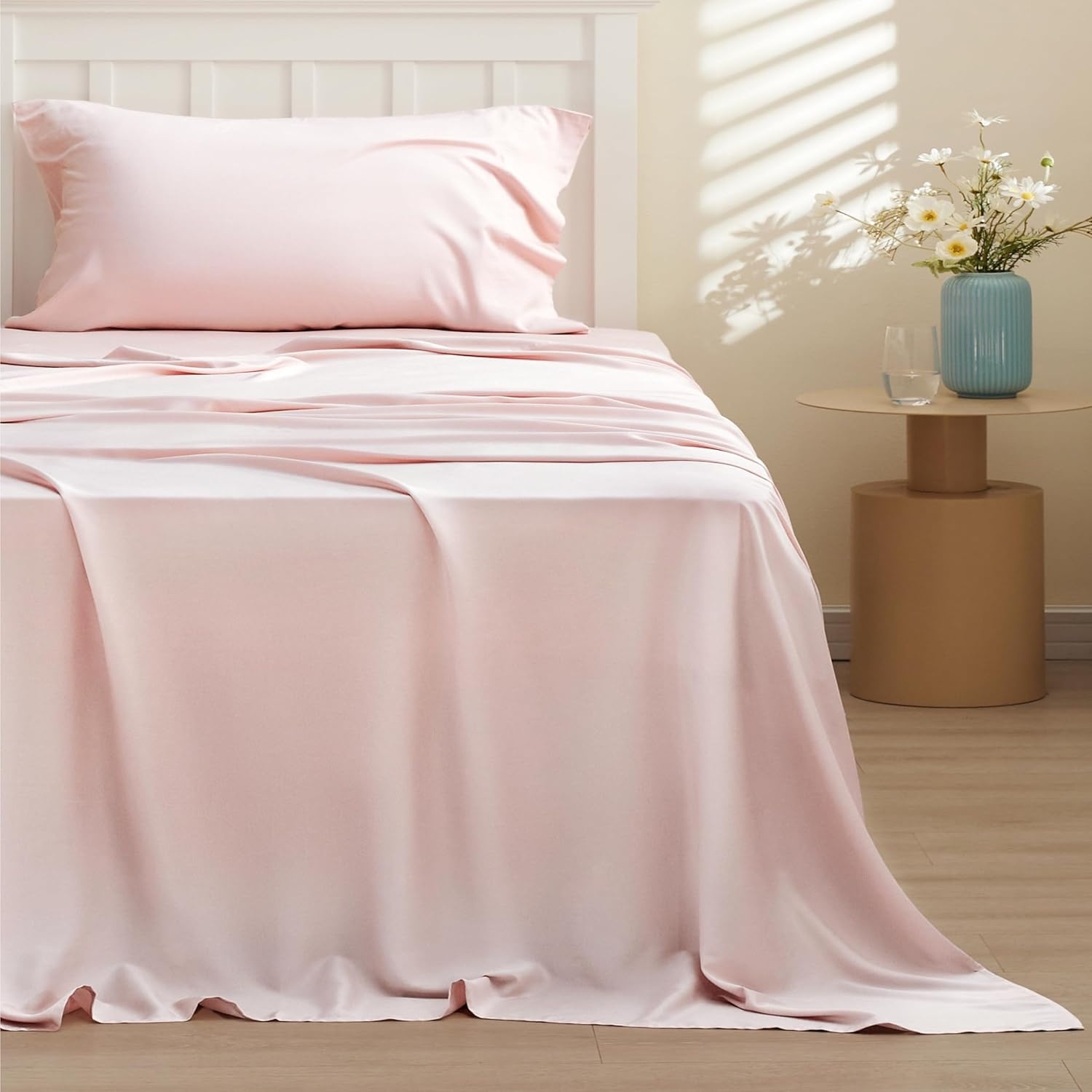 image:imageBedsure PureWoven 100 Rayon Derived from Bamboo Queen Sheets 4 Pieces Cooling Sheets for Hot Sleepers Breathable amp Silky Soft 16 Deep Pocket Hotel Luxury Bedding White11 Pink