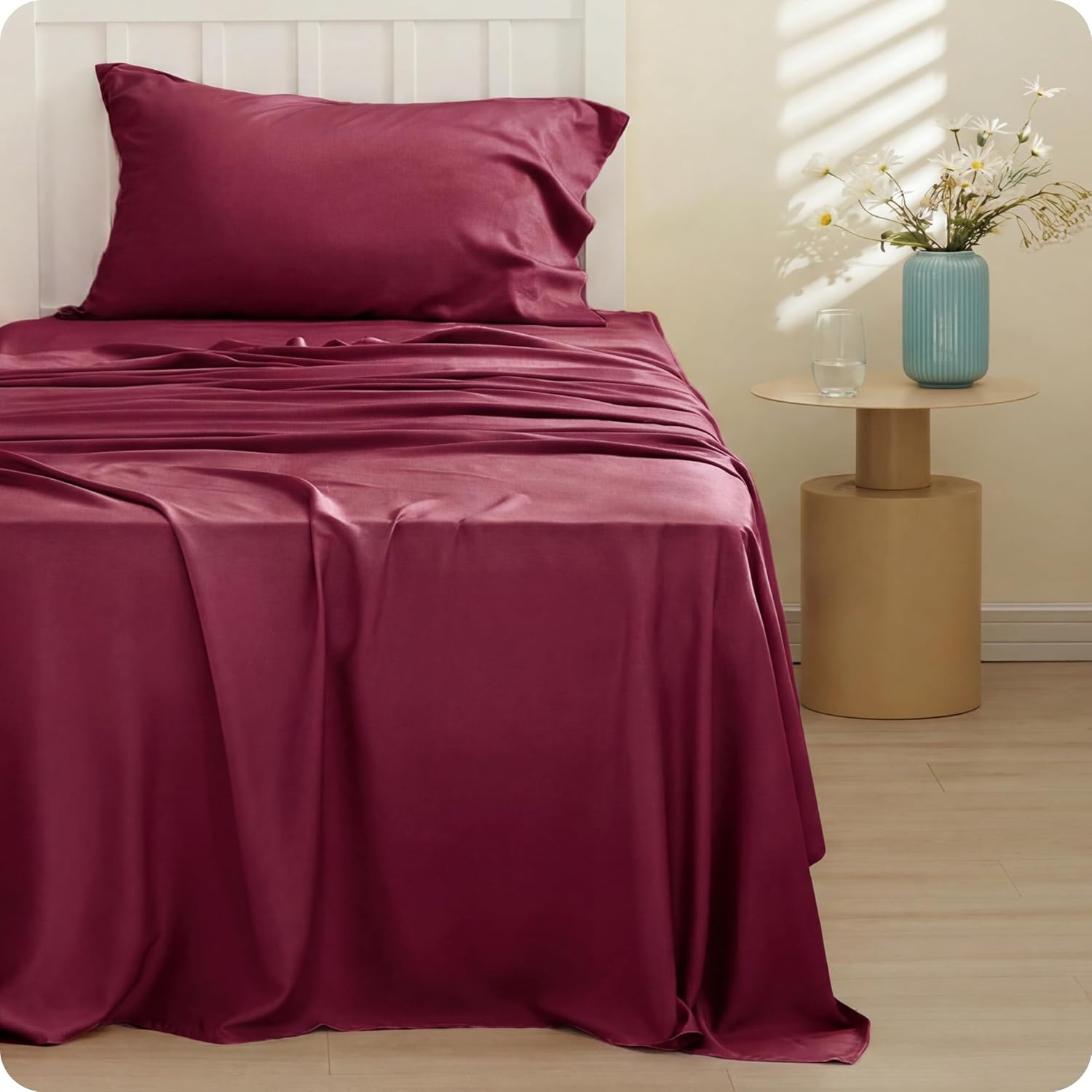 image:imageBedsure PureWoven 100 Rayon Derived from Bamboo Queen Sheets 4 Pieces Cooling Sheets for Hot Sleepers Breathable amp Silky Soft 16 Deep Pocket Hotel Luxury Bedding White15 Burgundy