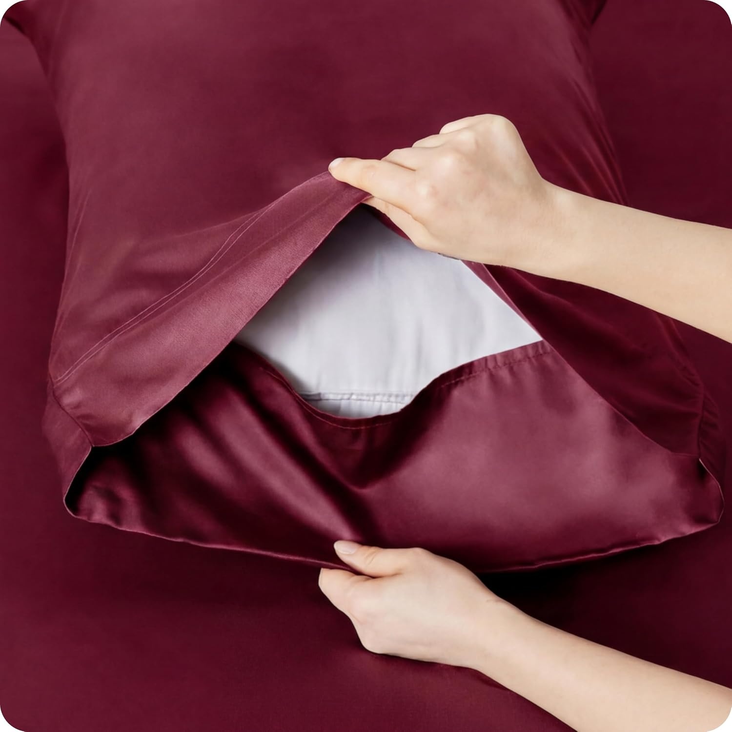 image:imageBedsure PureWoven 100 Rayon Derived from Bamboo Queen Sheets 4 Pieces Cooling Sheets for Hot Sleepers Breathable amp Silky Soft 16 Deep Pocket Hotel Luxury Bedding White15 Burgundy