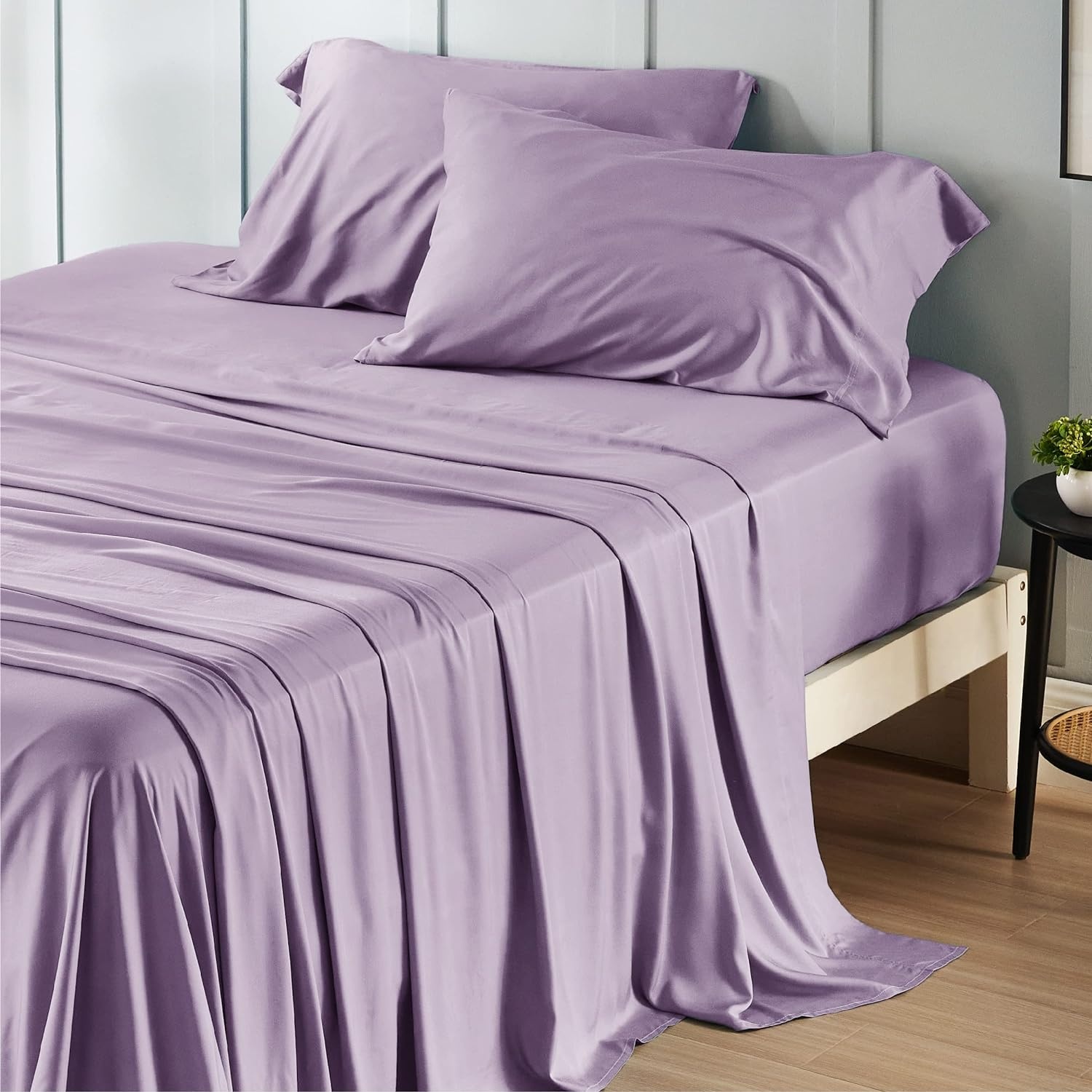 image:imageBedsure PureWoven 100 Rayon Derived from Bamboo Queen Sheets 4 Pieces Cooling Sheets for Hot Sleepers Breathable amp Silky Soft 16 Deep Pocket Hotel Luxury Bedding White13 Lilac