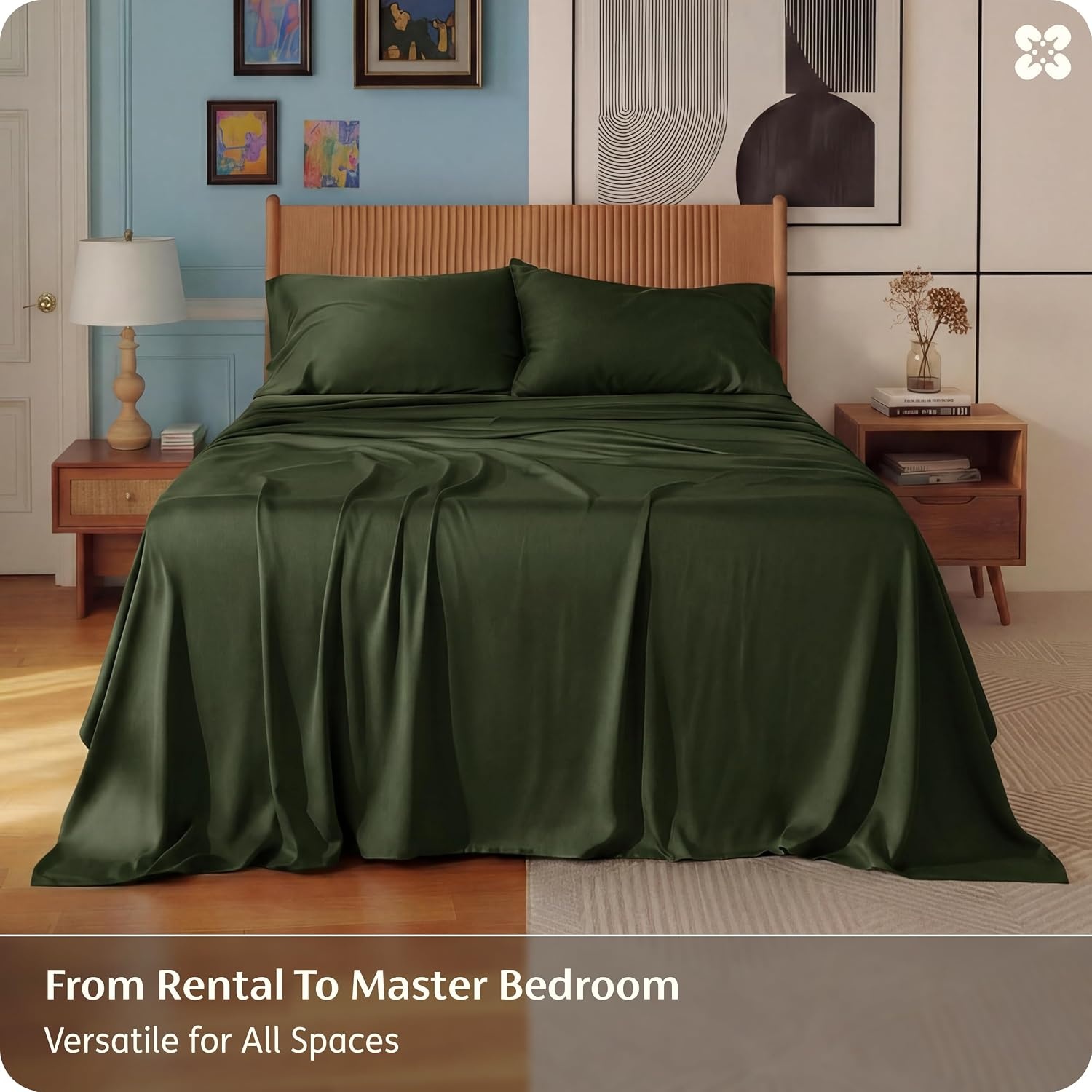 image:imageBedsure PureWoven 100 Rayon Derived from Bamboo Queen Sheets 4 Pieces Cooling Sheets for Hot Sleepers Breathable amp Silky Soft 16 Deep Pocket Hotel Luxury Bedding White22 Olive Green