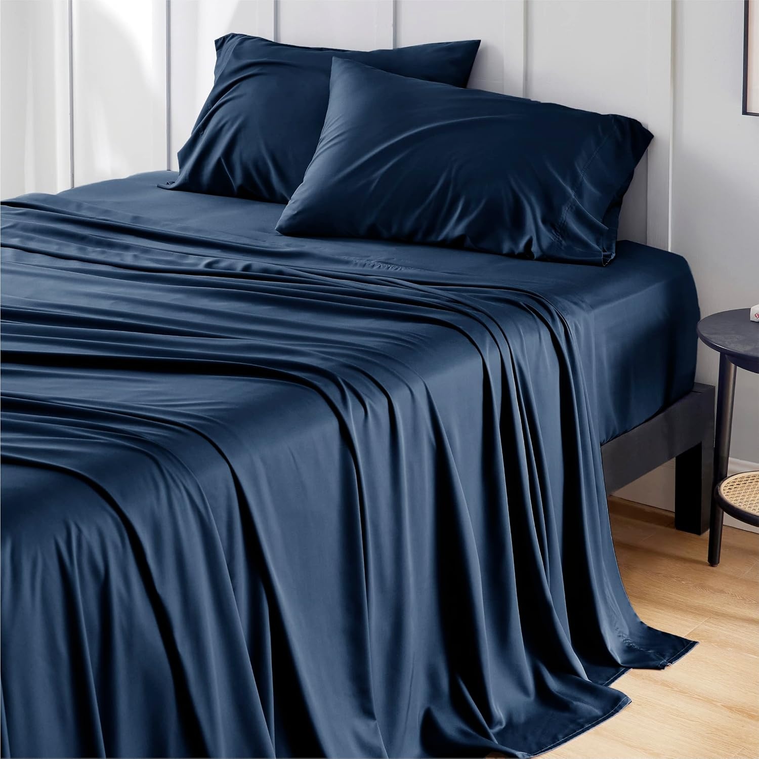 image:imageBedsure PureWoven 100 Rayon Derived from Bamboo Queen Sheets 4 Pieces Cooling Sheets for Hot Sleepers Breathable amp Silky Soft 16 Deep Pocket Hotel Luxury Bedding White07 Navy