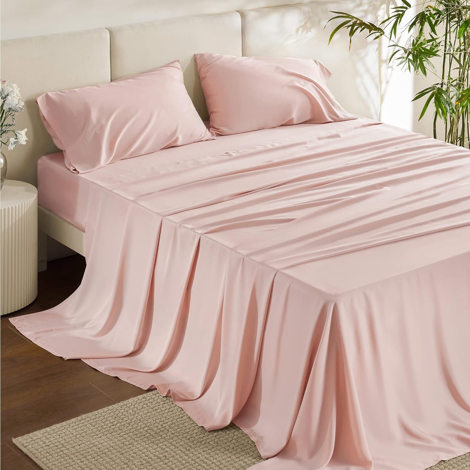 image:imageBedsure PureWoven 100 Rayon Derived from Bamboo Queen Sheets 4 Pieces Cooling Sheets for Hot Sleepers Breathable amp Silky Soft 16 Deep Pocket Hotel Luxury Bedding White11 Pink