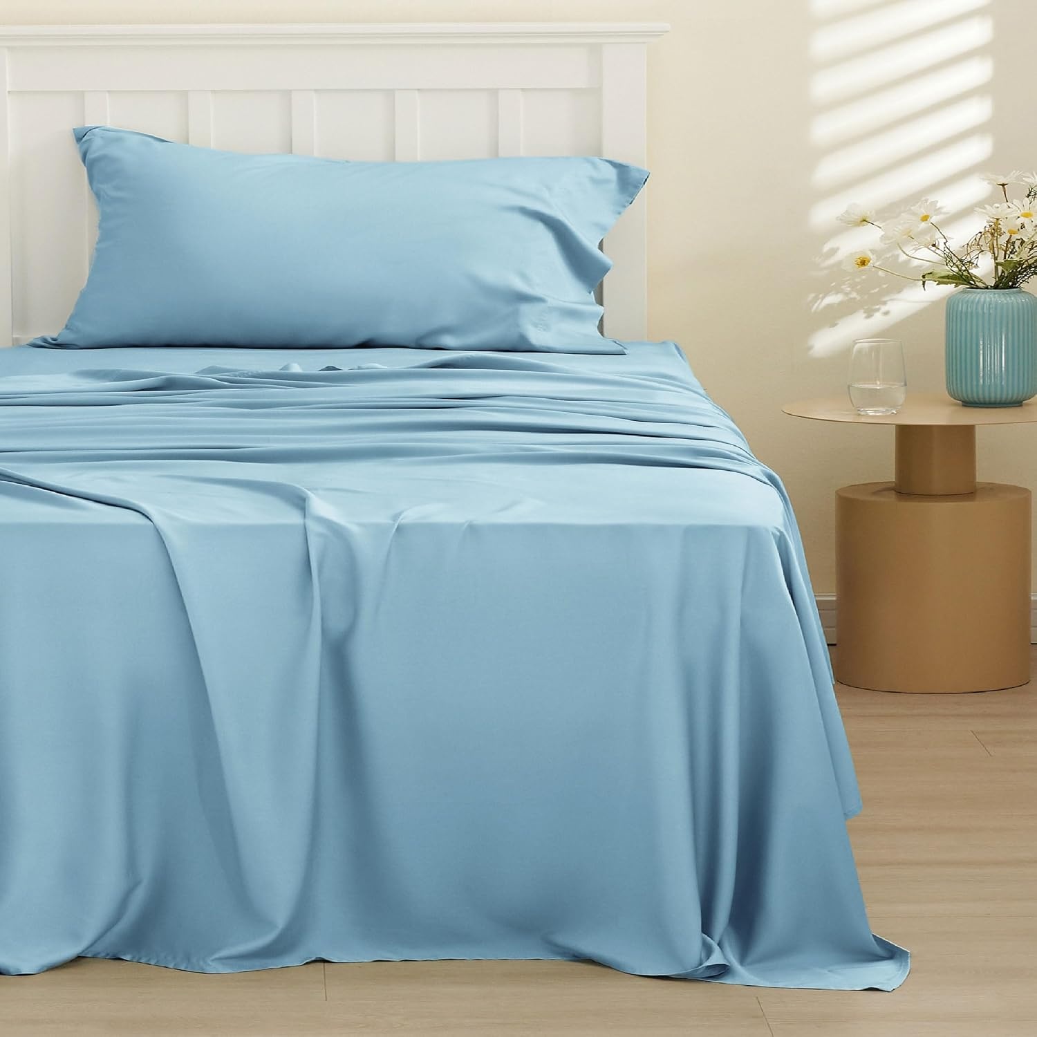 image:imageBedsure PureWoven 100 Rayon Derived from Bamboo Queen Sheets 4 Pieces Cooling Sheets for Hot Sleepers Breathable amp Silky Soft 16 Deep Pocket Hotel Luxury Bedding White08 Aqua