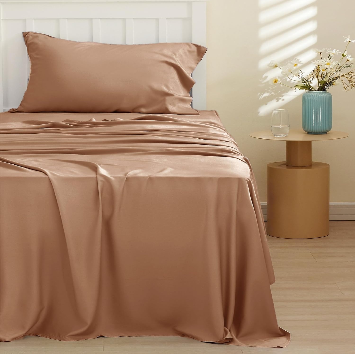 image:imageBedsure PureWoven 100 Rayon Derived from Bamboo Queen Sheets 4 Pieces Cooling Sheets for Hot Sleepers Breathable amp Silky Soft 16 Deep Pocket Hotel Luxury Bedding White24 Khaki
