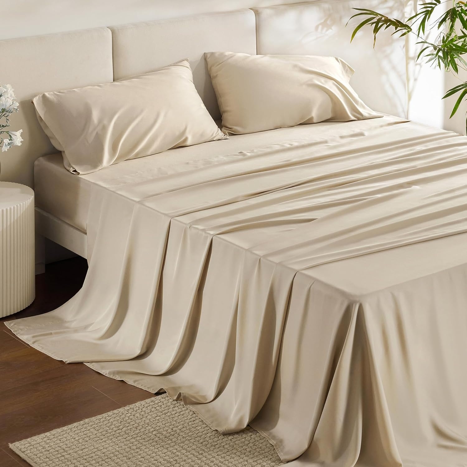 image:imageBedsure PureWoven 100 Rayon Derived from Bamboo Queen Sheets 4 Pieces Cooling Sheets for Hot Sleepers Breathable amp Silky Soft 16 Deep Pocket Hotel Luxury Bedding White03 Beige