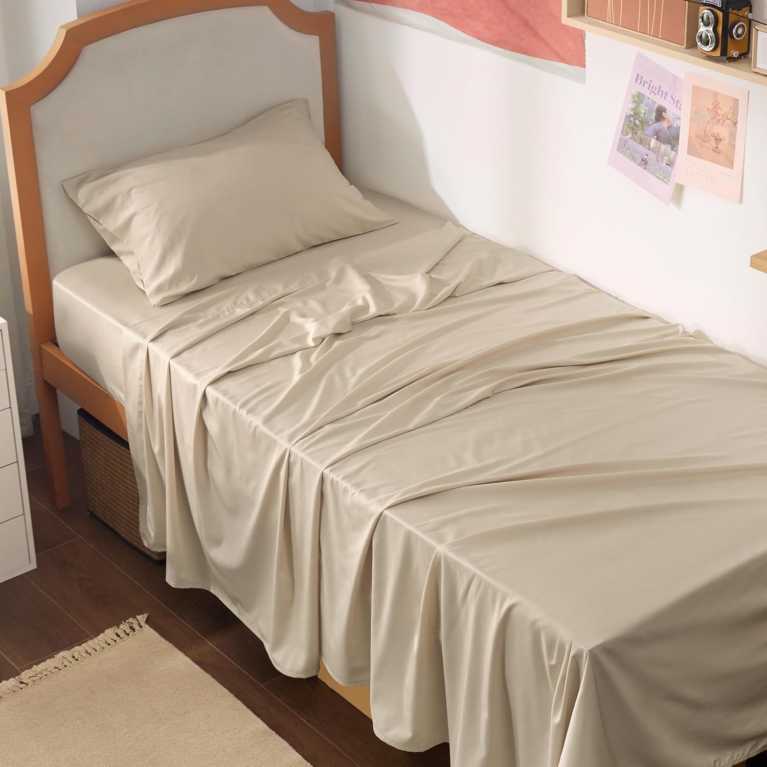 image:imageBedsure PureWoven 100 Rayon Derived from Bamboo Queen Sheets 4 Pieces Cooling Sheets for Hot Sleepers Breathable amp Silky Soft 16 Deep Pocket Hotel Luxury Bedding White03 Beige