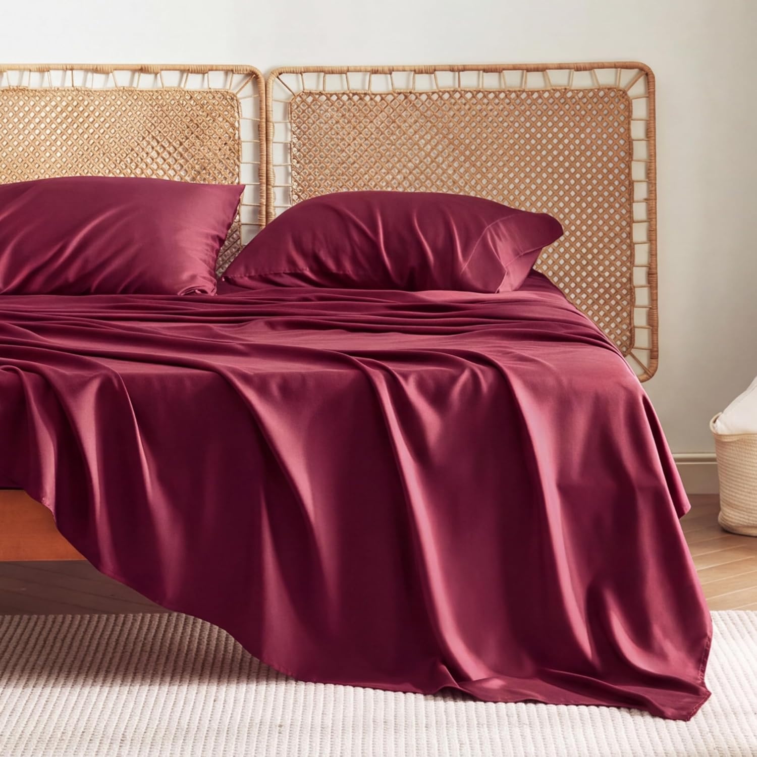 image:imageBedsure PureWoven 100 Rayon Derived from Bamboo Queen Sheets 4 Pieces Cooling Sheets for Hot Sleepers Breathable amp Silky Soft 16 Deep Pocket Hotel Luxury Bedding White15 Burgundy