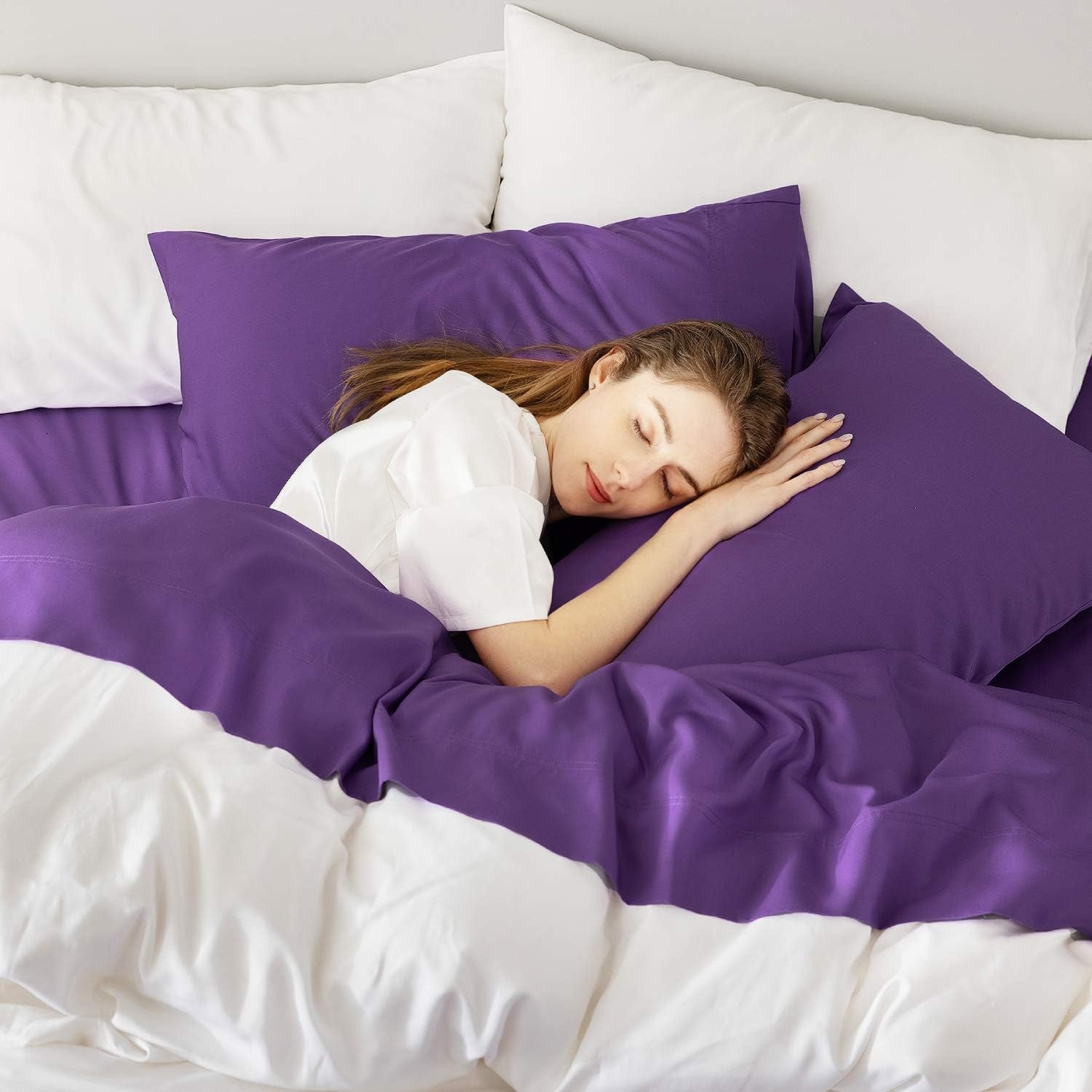 image:imageBedsure PureWoven 100 Rayon Derived from Bamboo Queen Sheets 4 Pieces Cooling Sheets for Hot Sleepers Breathable amp Silky Soft 16 Deep Pocket Hotel Luxury Bedding WhitePurple
