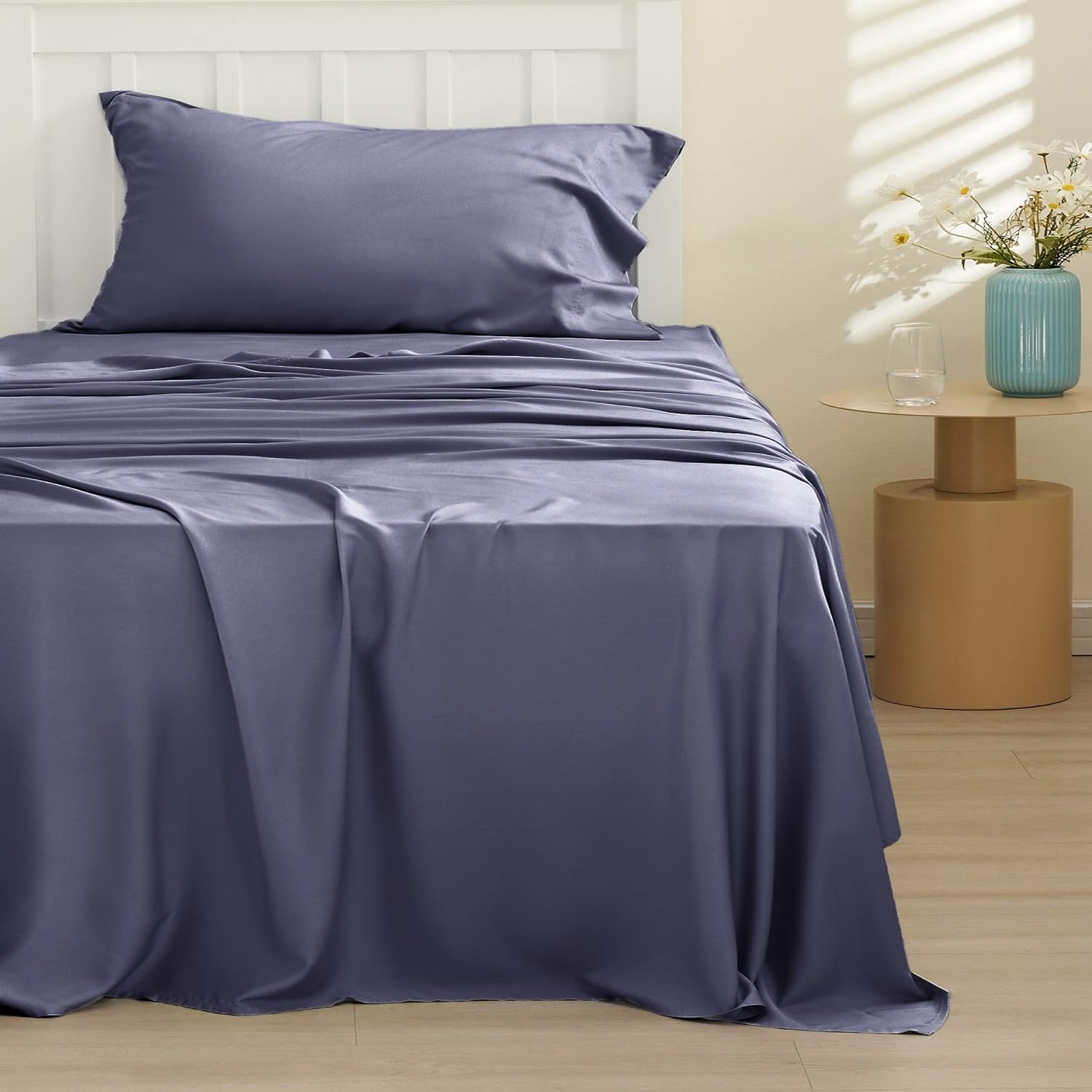 image:imageBedsure PureWoven 100 Rayon Derived from Bamboo Queen Sheets 4 Pieces Cooling Sheets for Hot Sleepers Breathable amp Silky Soft 16 Deep Pocket Hotel Luxury Bedding White01 Dark Grey