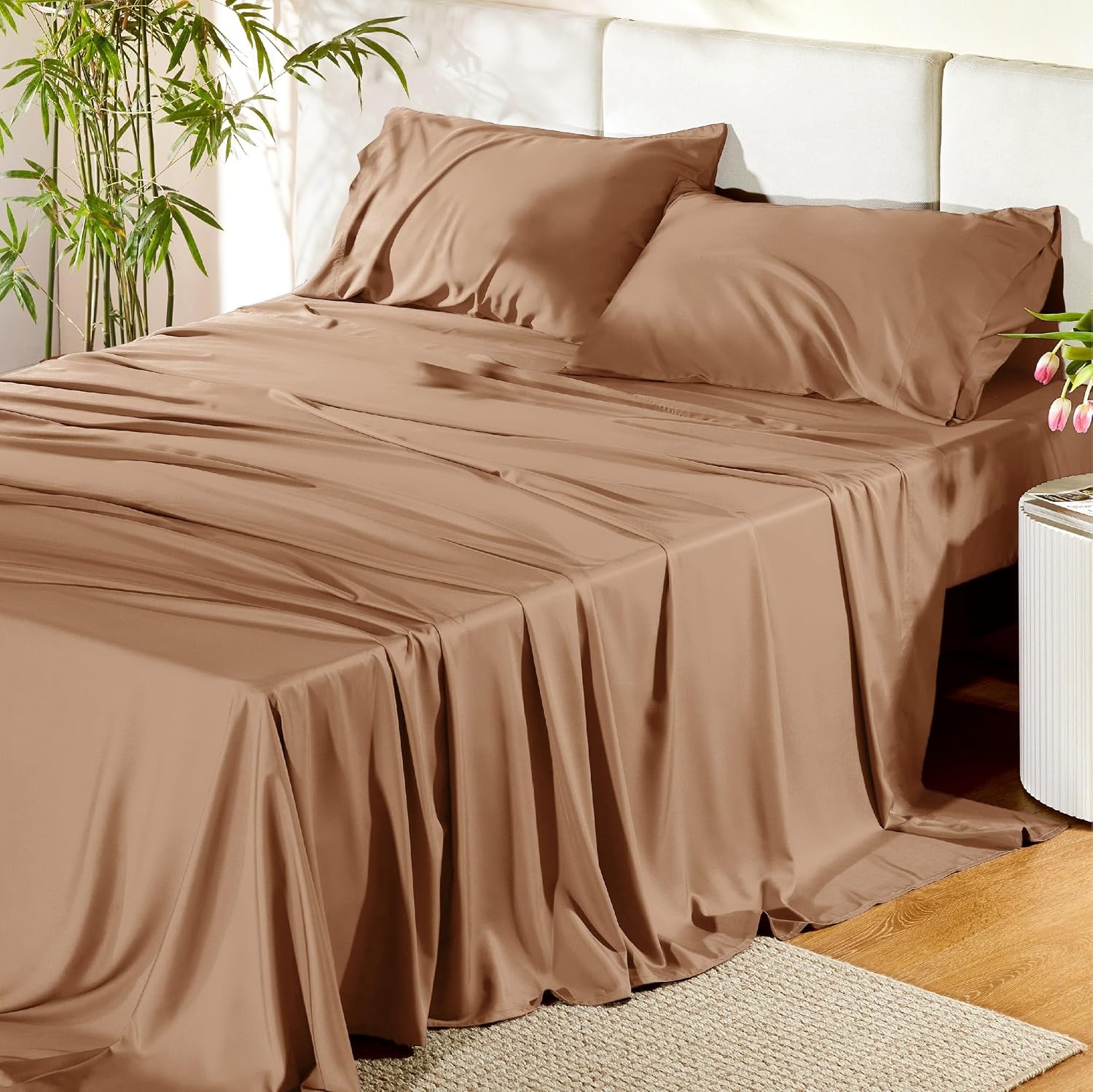 image:imageBedsure PureWoven 100 Rayon Derived from Bamboo Queen Sheets 4 Pieces Cooling Sheets for Hot Sleepers Breathable amp Silky Soft 16 Deep Pocket Hotel Luxury Bedding White24 Khaki
