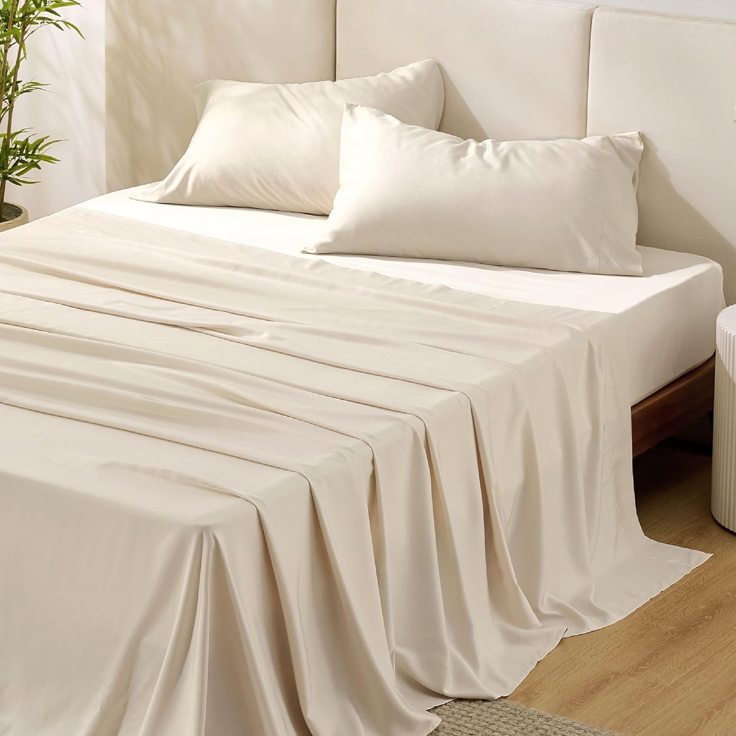 image:imageBedsure PureWoven 100 Rayon Derived from Bamboo Queen Sheets 4 Pieces Cooling Sheets for Hot Sleepers Breathable amp Silky Soft 16 Deep Pocket Hotel Luxury Bedding White12 Light Beige