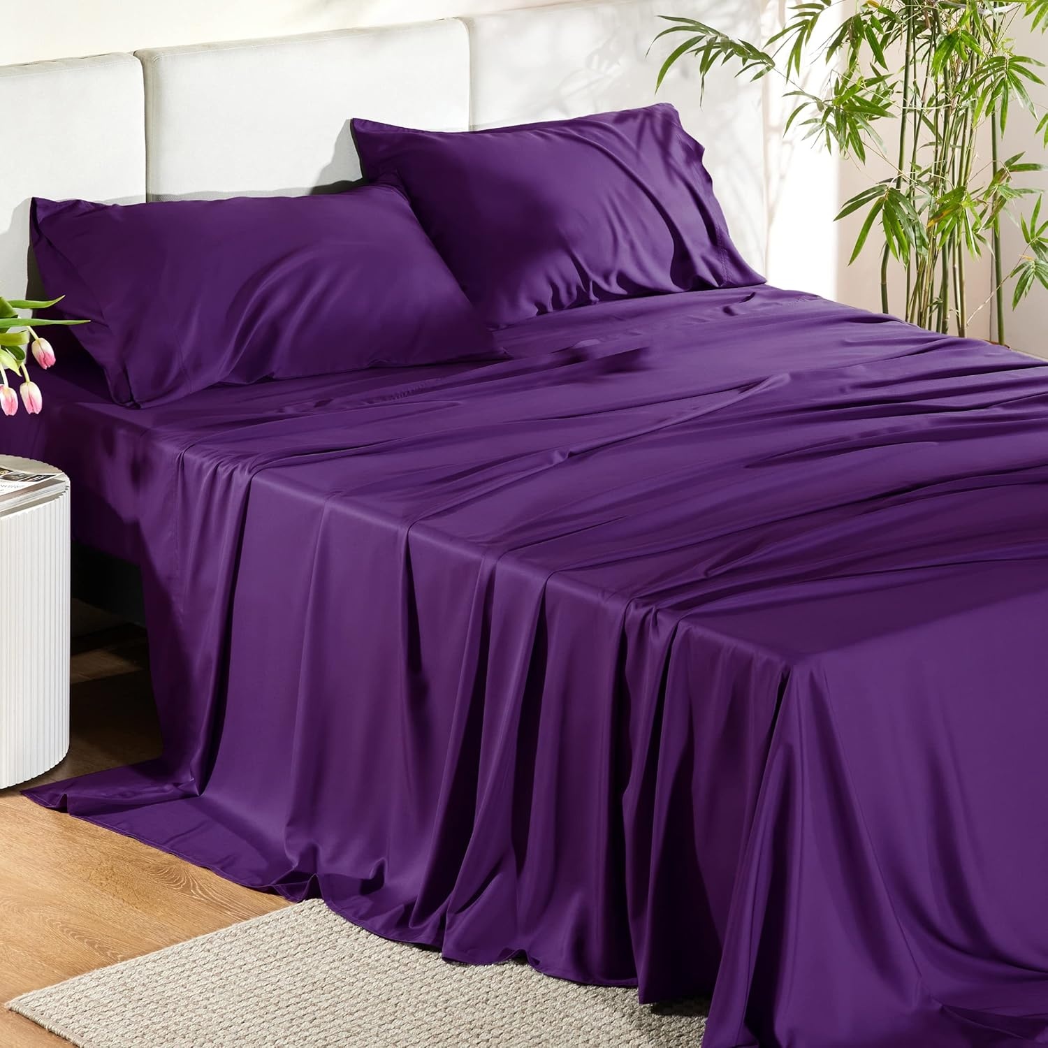 image:imageBedsure PureWoven 100 Rayon Derived from Bamboo Queen Sheets 4 Pieces Cooling Sheets for Hot Sleepers Breathable amp Silky Soft 16 Deep Pocket Hotel Luxury Bedding White14 Plum