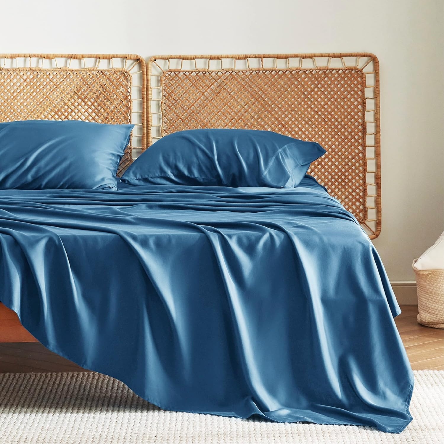 image:imageBedsure PureWoven 100 Rayon Derived from Bamboo Queen Sheets 4 Pieces Cooling Sheets for Hot Sleepers Breathable amp Silky Soft 16 Deep Pocket Hotel Luxury Bedding White06 Teal