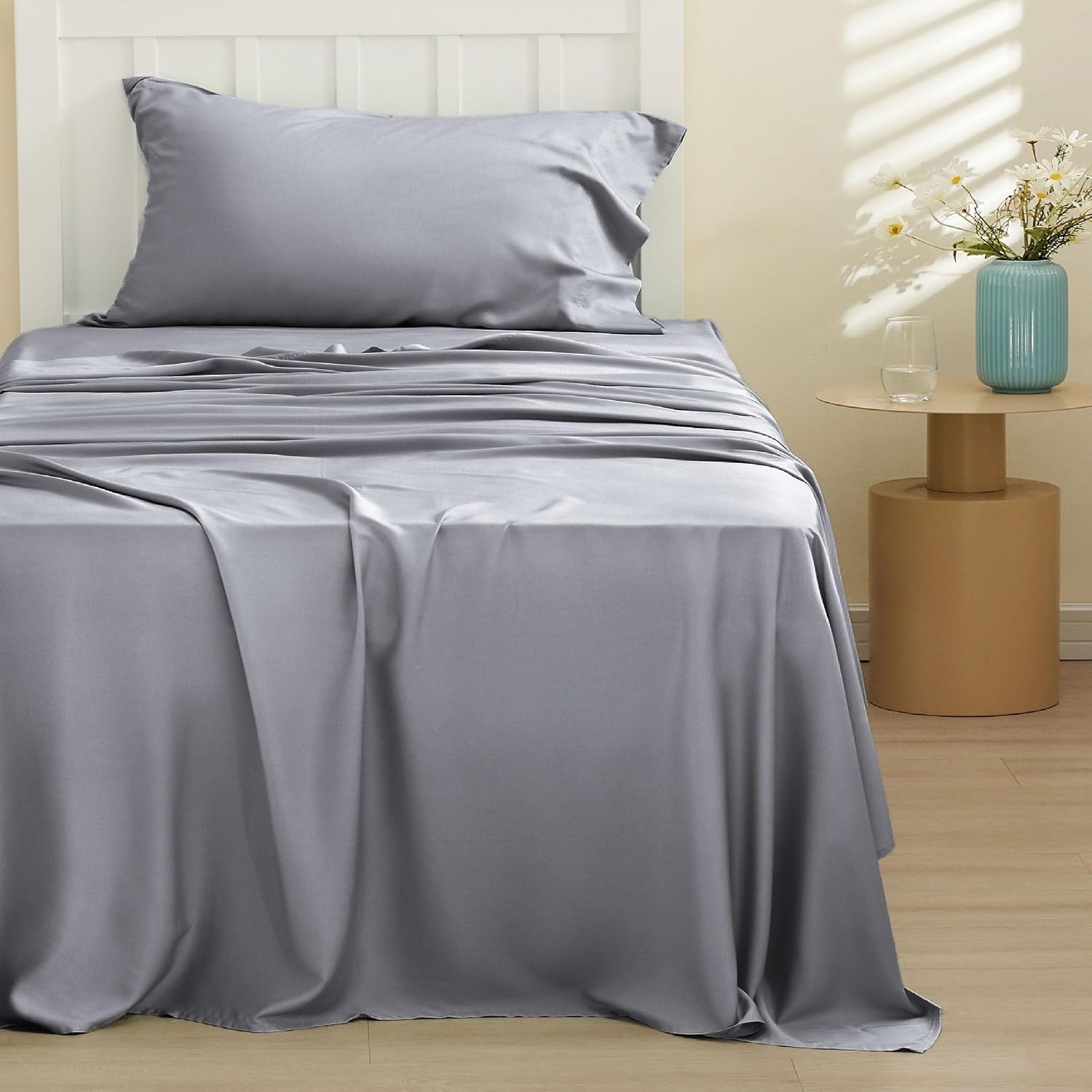 image:imageBedsure PureWoven 100 Rayon Derived from Bamboo Queen Sheets 4 Pieces Cooling Sheets for Hot Sleepers Breathable amp Silky Soft 16 Deep Pocket Hotel Luxury Bedding White04 Silver Grey