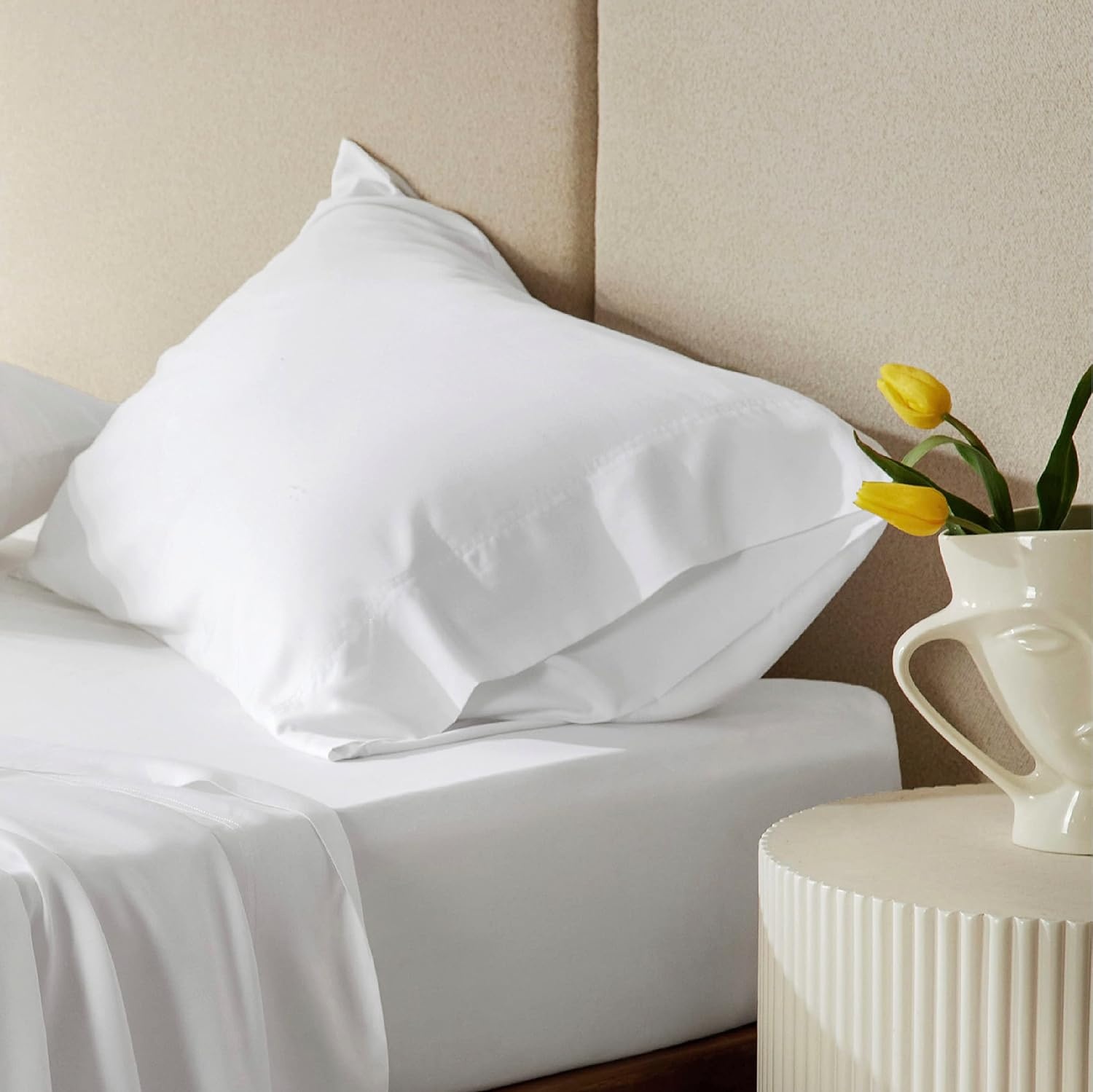 image:imageBedsure PureWoven 100 Rayon Derived from Bamboo Queen Sheets 4 Pieces Cooling Sheets for Hot Sleepers Breathable amp Silky Soft 16 Deep Pocket Hotel Luxury Bedding White02 White
