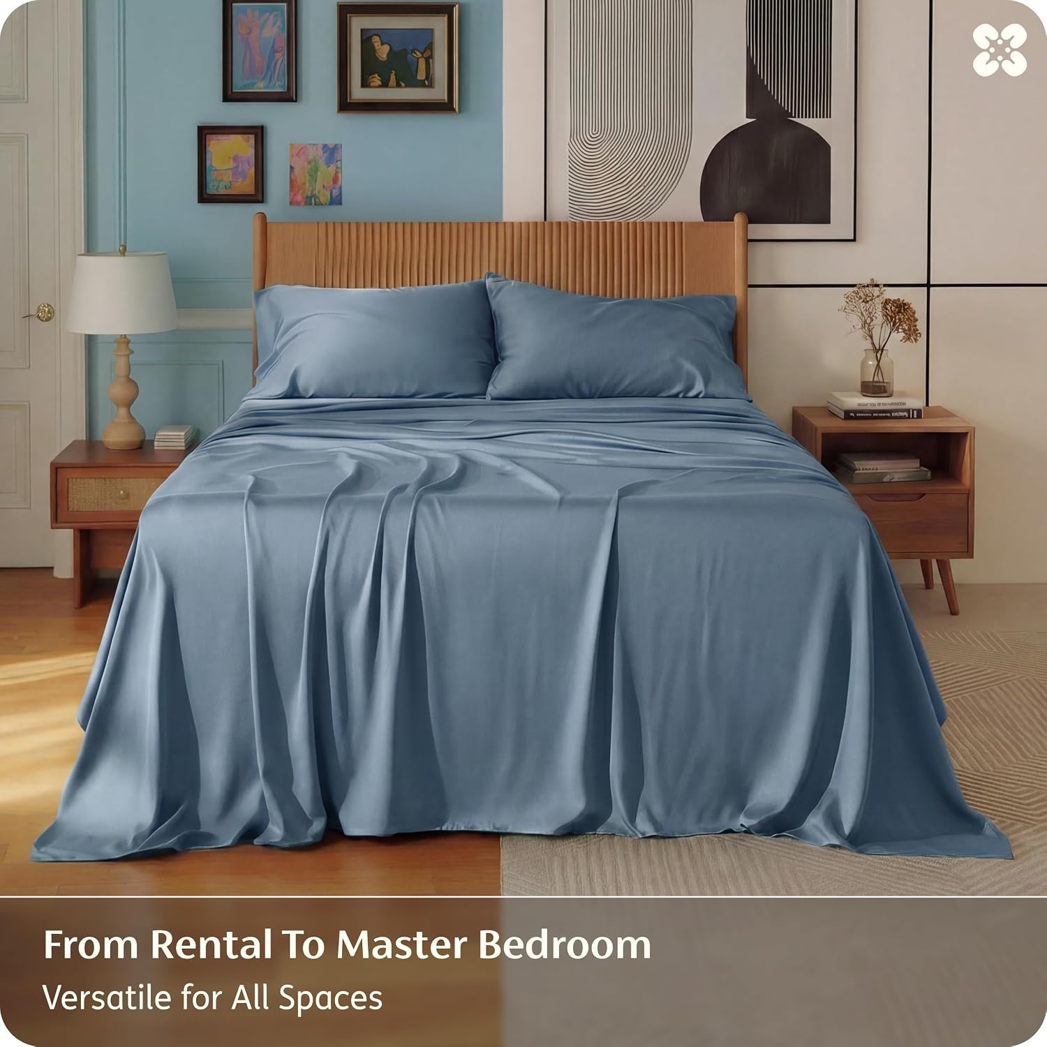 image:imageBedsure PureWoven 100 Rayon Derived from Bamboo Queen Sheets 4 Pieces Cooling Sheets for Hot Sleepers Breathable amp Silky Soft 16 Deep Pocket Hotel Luxury Bedding White05 Dusty Blue