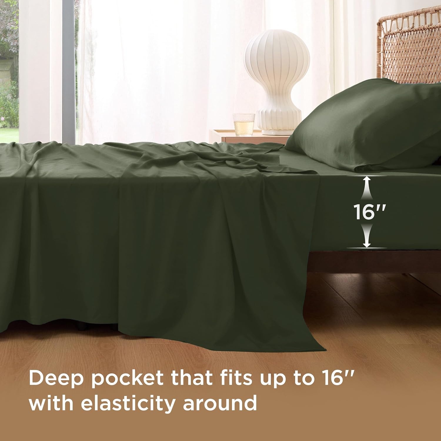 image:imageBedsure PureWoven 100 Rayon Derived from Bamboo Queen Sheets 4 Pieces Cooling Sheets for Hot Sleepers Breathable amp Silky Soft 16 Deep Pocket Hotel Luxury Bedding White22 Olive Green