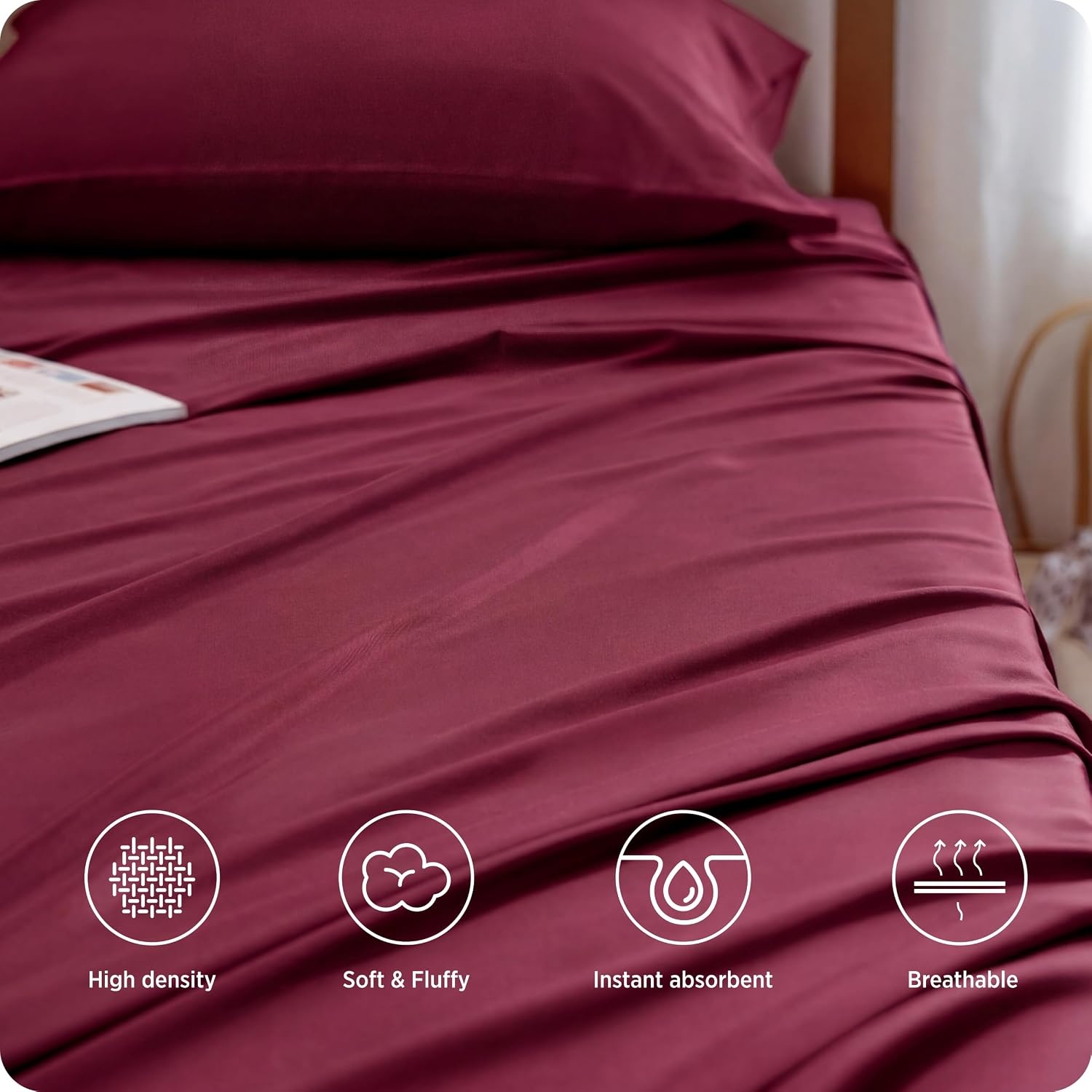 image:imageBedsure PureWoven 100 Rayon Derived from Bamboo Queen Sheets 4 Pieces Cooling Sheets for Hot Sleepers Breathable amp Silky Soft 16 Deep Pocket Hotel Luxury Bedding White15 Burgundy