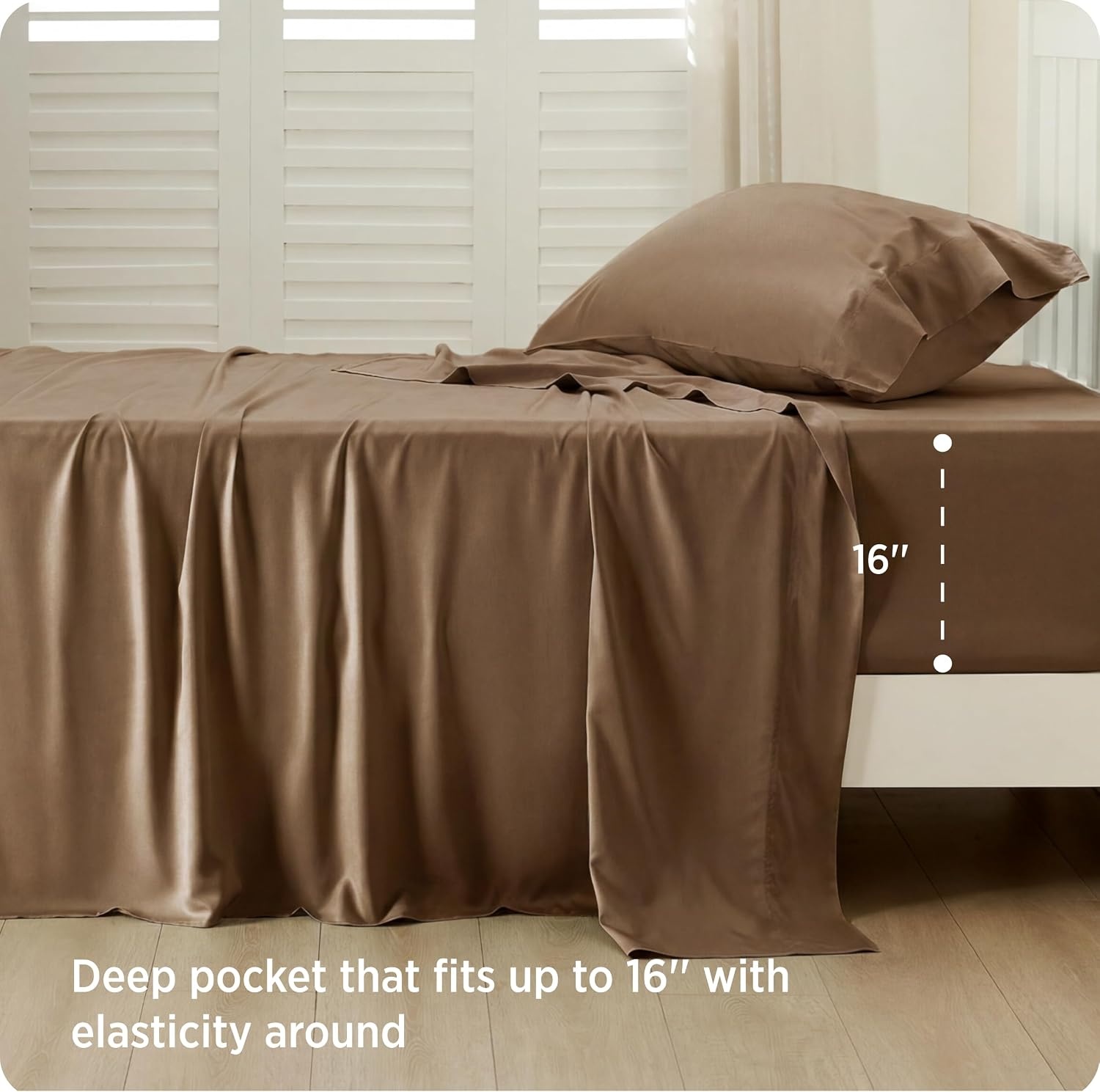 image:imageBedsure PureWoven 100 Rayon Derived from Bamboo Queen Sheets 4 Pieces Cooling Sheets for Hot Sleepers Breathable amp Silky Soft 16 Deep Pocket Hotel Luxury Bedding White28 Coffee