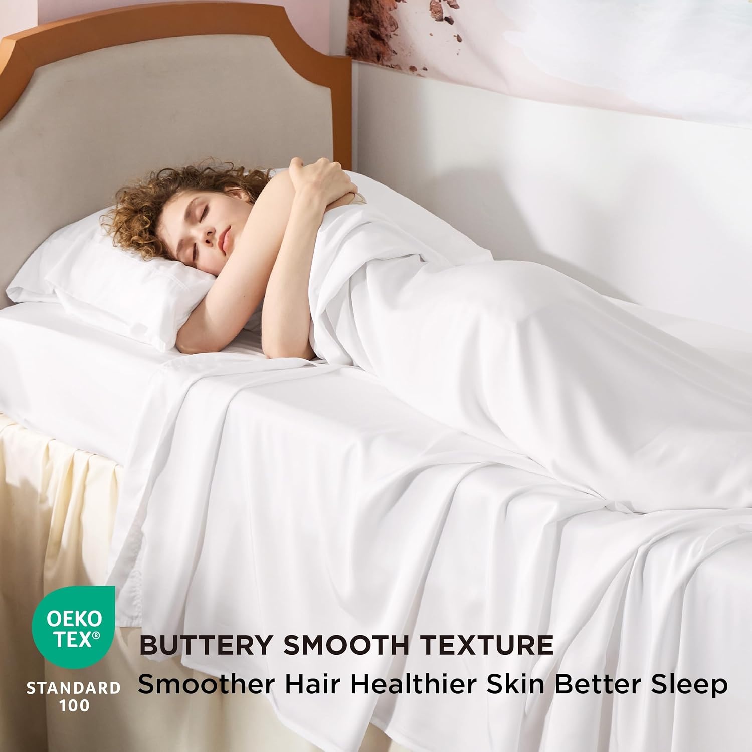 image:imageBedsure PureWoven 100 Rayon Derived from Bamboo Queen Sheets 4 Pieces Cooling Sheets for Hot Sleepers Breathable amp Silky Soft 16 Deep Pocket Hotel Luxury Bedding White02 White