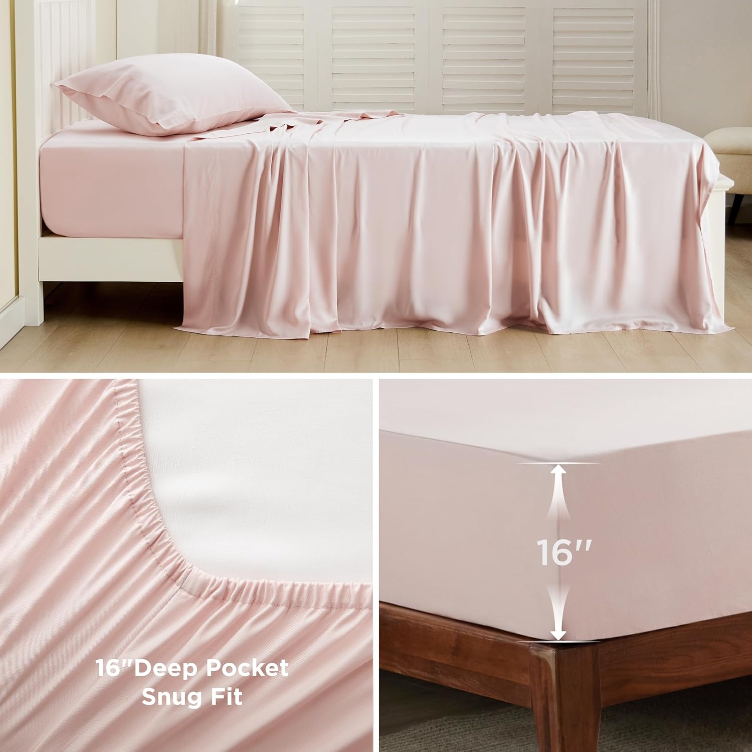 image:imageBedsure PureWoven 100 Rayon Derived from Bamboo Queen Sheets 4 Pieces Cooling Sheets for Hot Sleepers Breathable amp Silky Soft 16 Deep Pocket Hotel Luxury Bedding White11 Pink