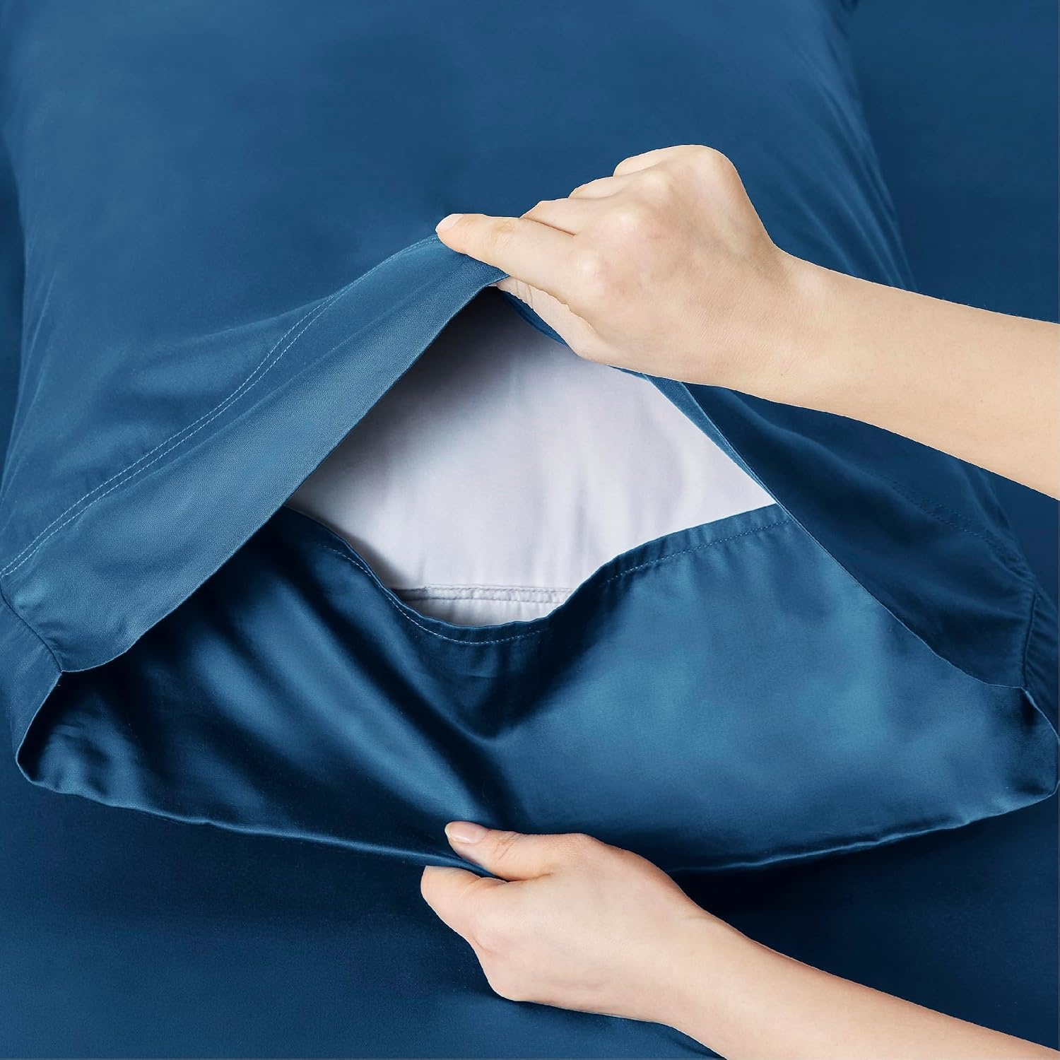 image:imageBedsure PureWoven 100 Rayon Derived from Bamboo Queen Sheets 4 Pieces Cooling Sheets for Hot Sleepers Breathable amp Silky Soft 16 Deep Pocket Hotel Luxury Bedding White06 Teal