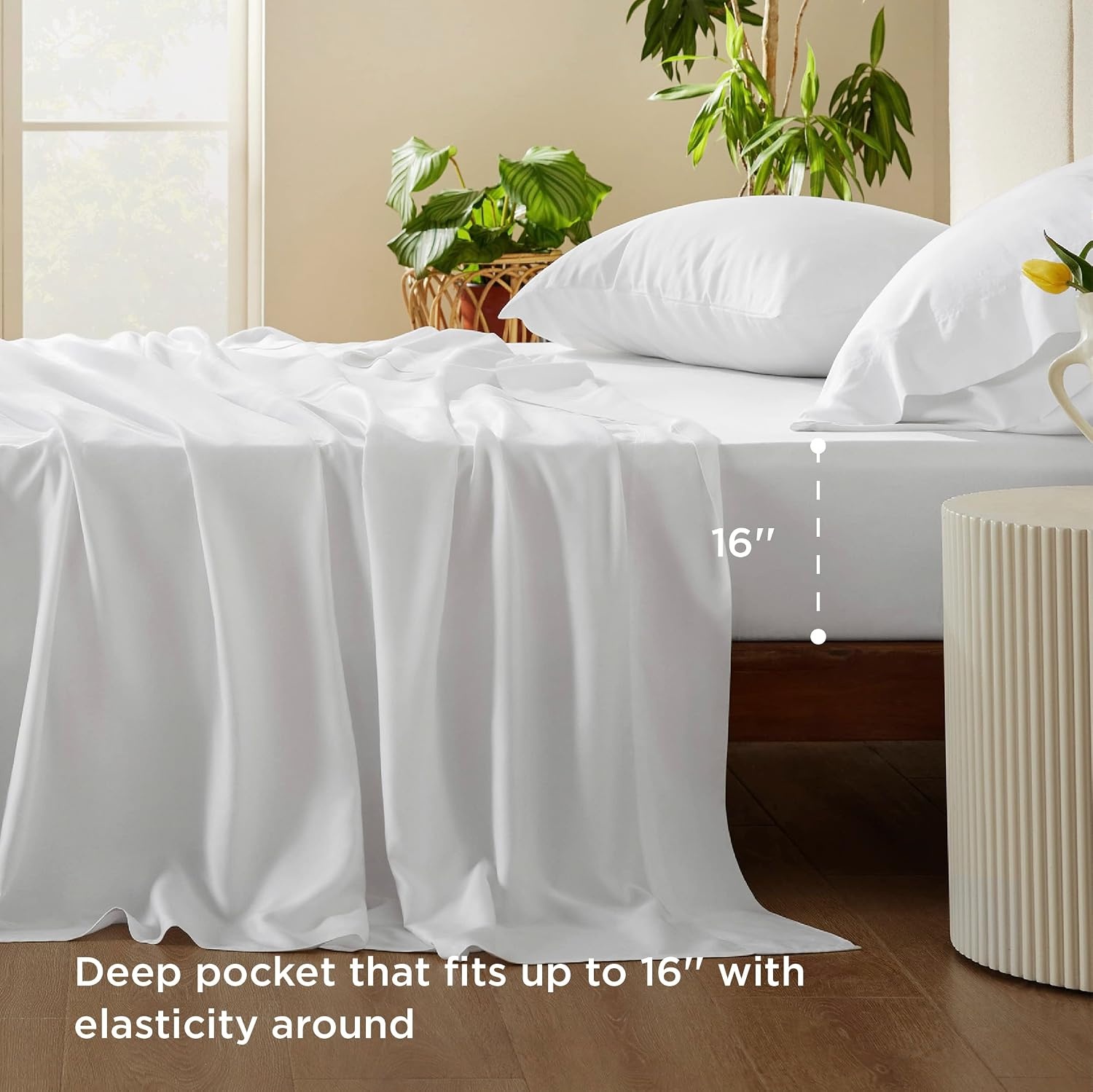 image:imageBedsure PureWoven 100 Rayon Derived from Bamboo Queen Sheets 4 Pieces Cooling Sheets for Hot Sleepers Breathable amp Silky Soft 16 Deep Pocket Hotel Luxury Bedding White02 White