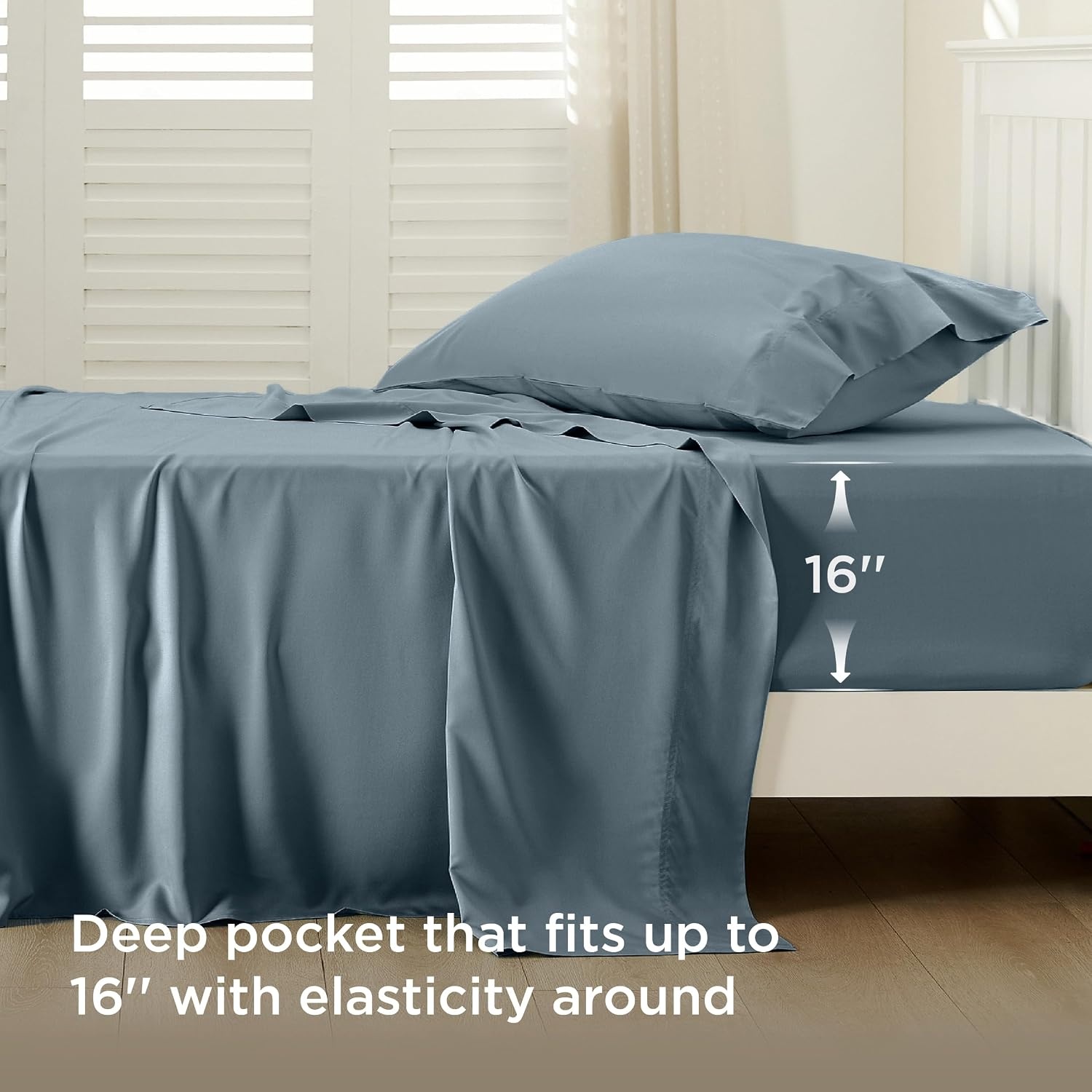 image:imageBedsure PureWoven 100 Rayon Derived from Bamboo Queen Sheets 4 Pieces Cooling Sheets for Hot Sleepers Breathable amp Silky Soft 16 Deep Pocket Hotel Luxury Bedding White05 Dusty Blue