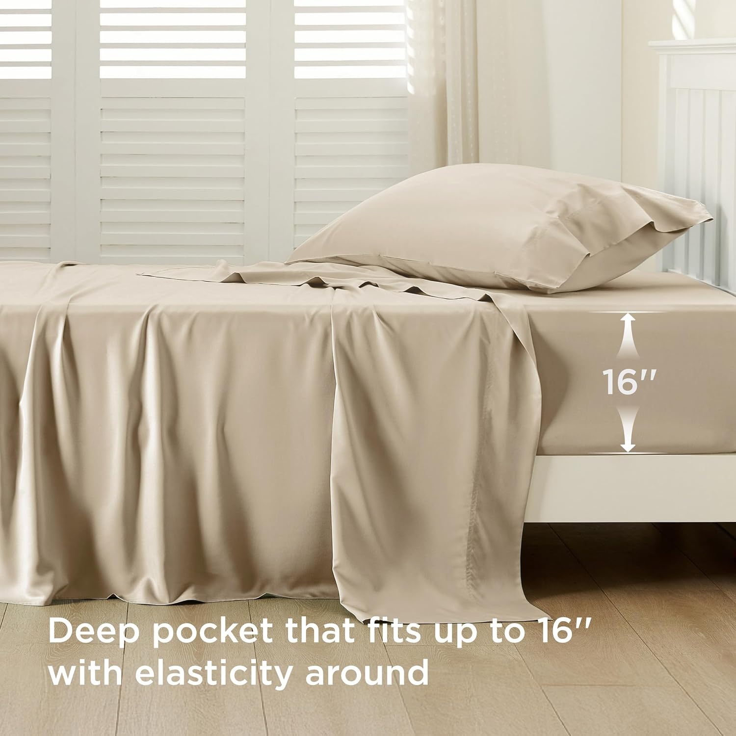 image:imageBedsure PureWoven 100 Rayon Derived from Bamboo Queen Sheets 4 Pieces Cooling Sheets for Hot Sleepers Breathable amp Silky Soft 16 Deep Pocket Hotel Luxury Bedding White03 Beige