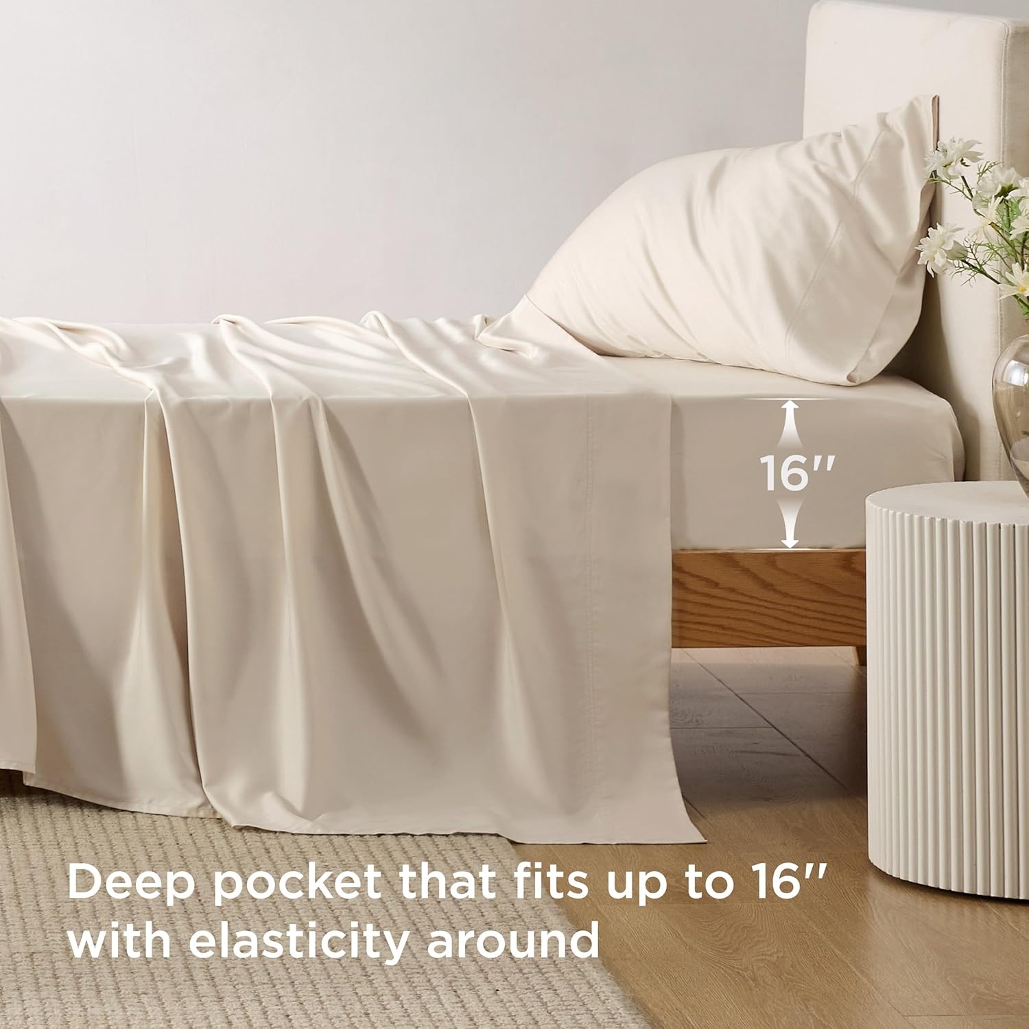image:imageBedsure PureWoven 100 Rayon Derived from Bamboo Queen Sheets 4 Pieces Cooling Sheets for Hot Sleepers Breathable amp Silky Soft 16 Deep Pocket Hotel Luxury Bedding White12 Light Beige