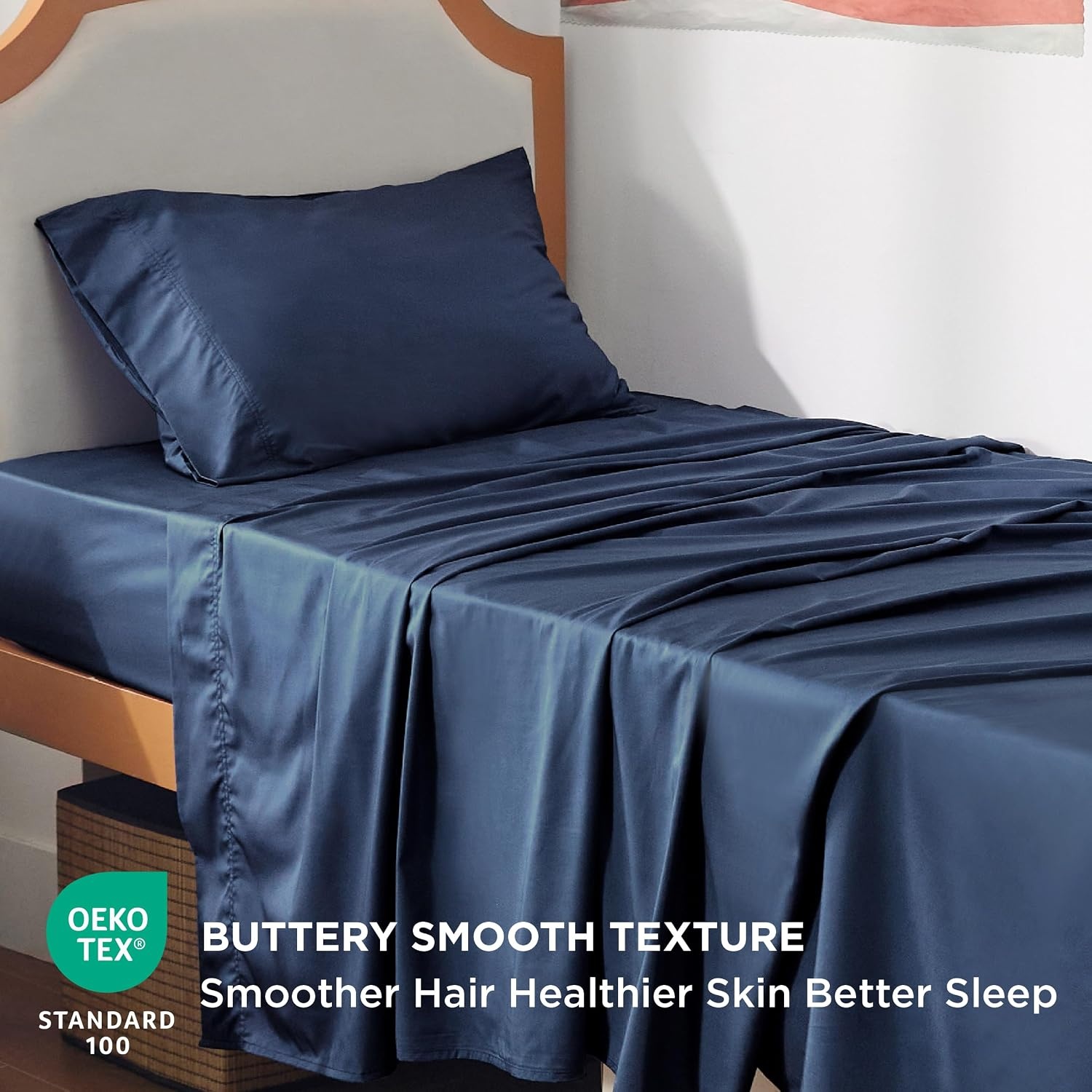 image:imageBedsure PureWoven 100 Rayon Derived from Bamboo Queen Sheets 4 Pieces Cooling Sheets for Hot Sleepers Breathable amp Silky Soft 16 Deep Pocket Hotel Luxury Bedding White07 Navy