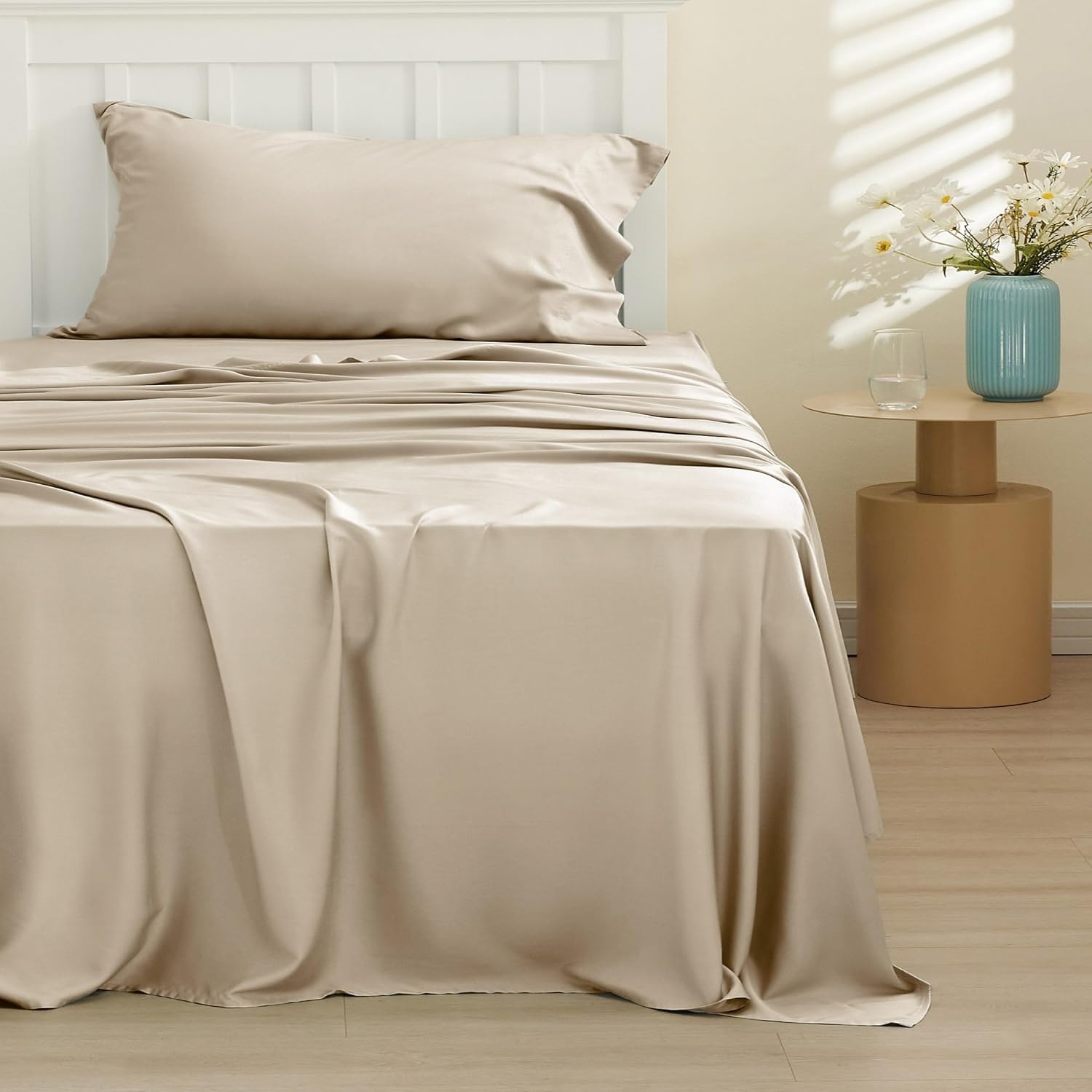 image:imageBedsure PureWoven 100 Rayon Derived from Bamboo Queen Sheets 4 Pieces Cooling Sheets for Hot Sleepers Breathable amp Silky Soft 16 Deep Pocket Hotel Luxury Bedding White03 Beige