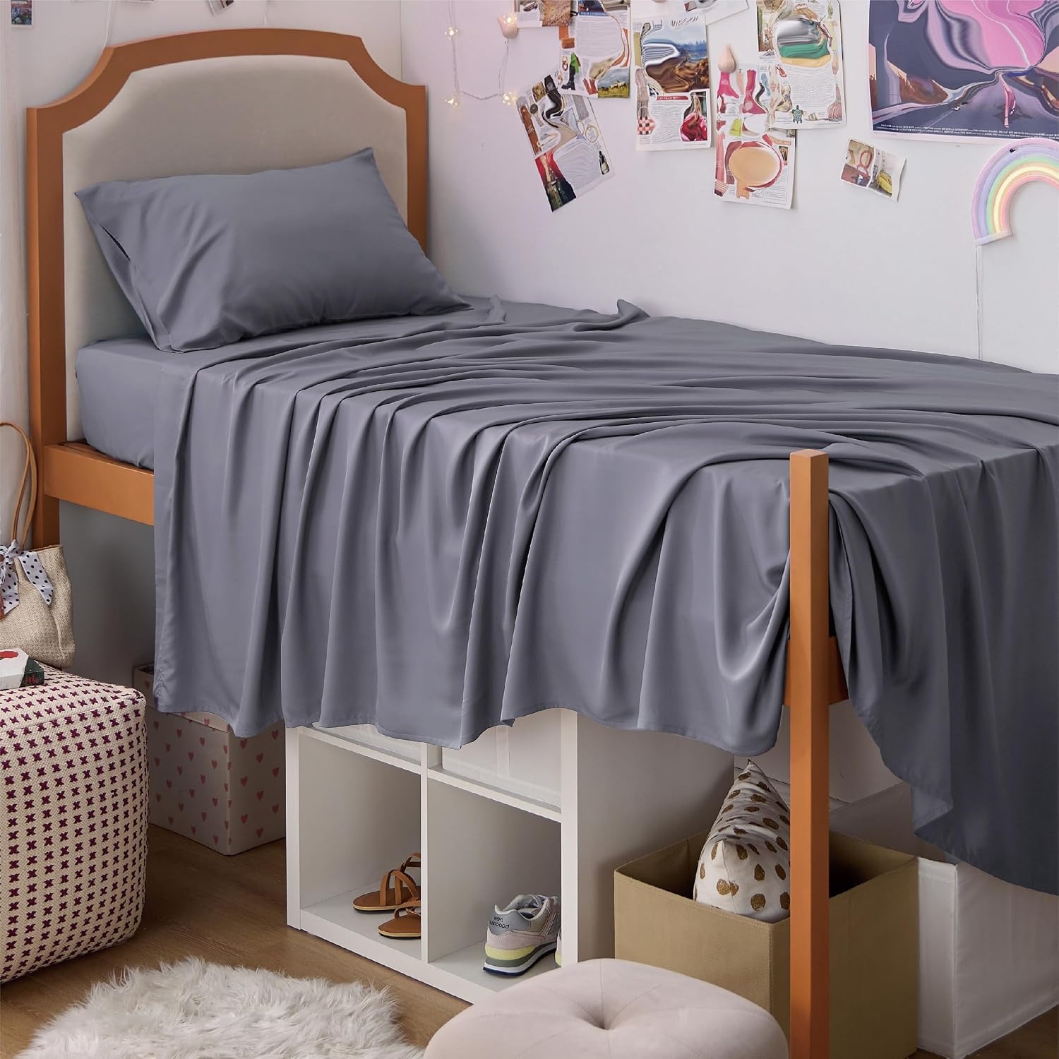 image:imageBedsure PureWoven 100 Rayon Derived from Bamboo Queen Sheets 4 Pieces Cooling Sheets for Hot Sleepers Breathable amp Silky Soft 16 Deep Pocket Hotel Luxury Bedding White01 Dark Grey