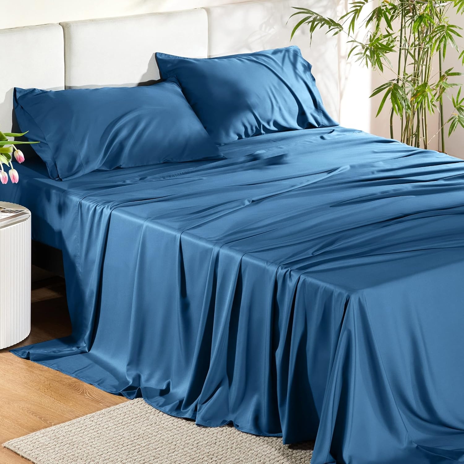 image:imageBedsure PureWoven 100 Rayon Derived from Bamboo Queen Sheets 4 Pieces Cooling Sheets for Hot Sleepers Breathable amp Silky Soft 16 Deep Pocket Hotel Luxury Bedding White06 Teal