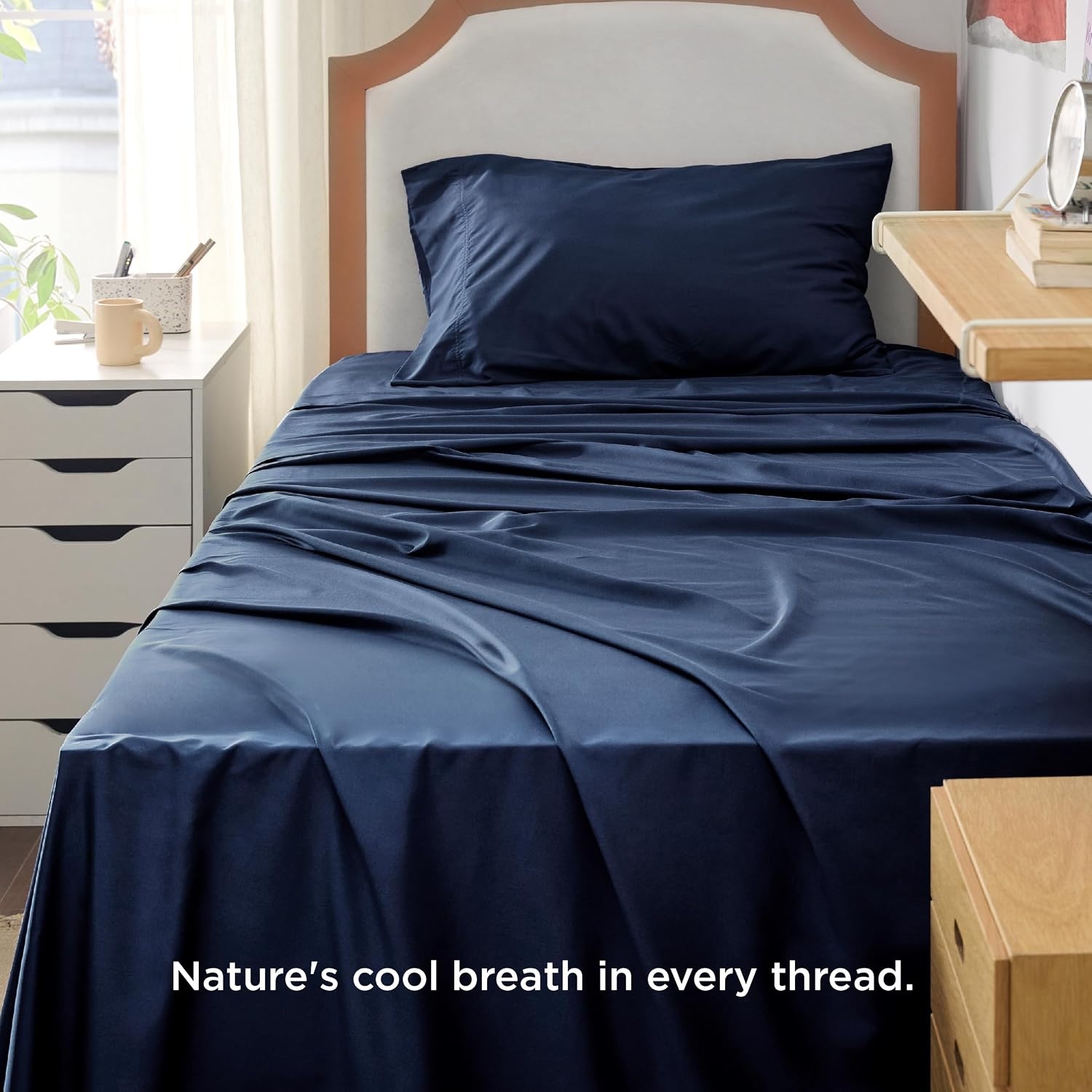 image:imageBedsure PureWoven 100 Rayon Derived from Bamboo Queen Sheets 4 Pieces Cooling Sheets for Hot Sleepers Breathable amp Silky Soft 16 Deep Pocket Hotel Luxury Bedding White07 Navy