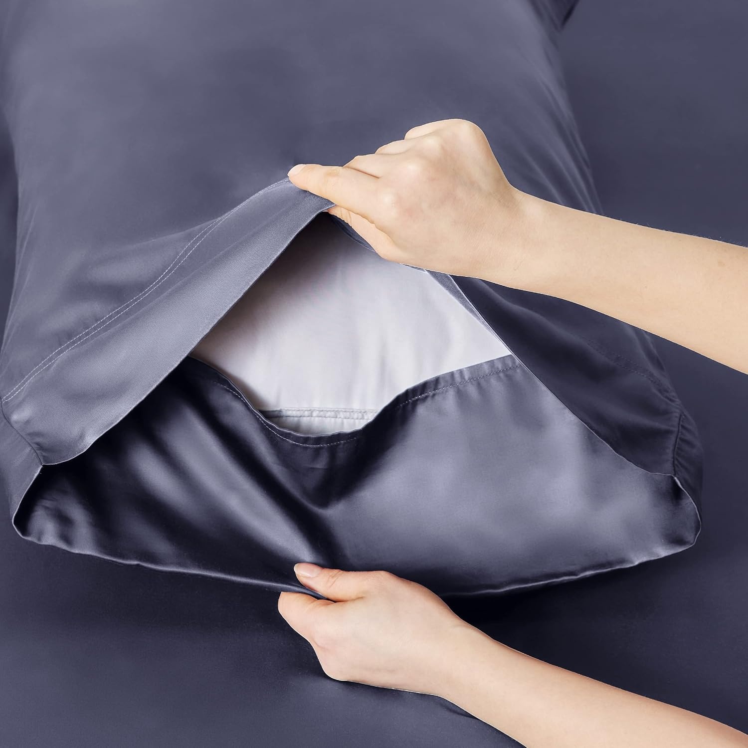 image:imageBedsure PureWoven 100 Rayon Derived from Bamboo Queen Sheets 4 Pieces Cooling Sheets for Hot Sleepers Breathable amp Silky Soft 16 Deep Pocket Hotel Luxury Bedding White01 Dark Grey