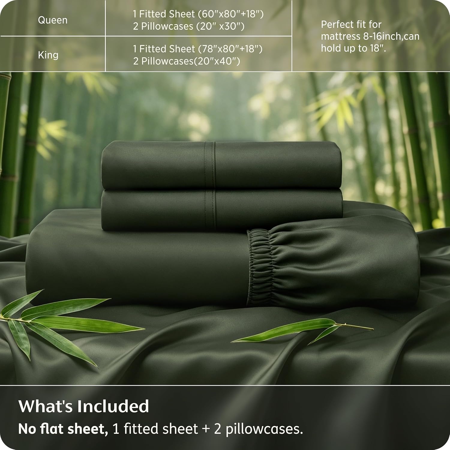 image:imageBedsure PureWoven 100 Viscose Derived from Bamboo King Size Sheet Set 3PCS Organically Grown 18 Deep Pocket Cooling Fitted Sheet Set for Hot Sleepers Luxury Silky Soft No Flat Sheet White05 Olive Green