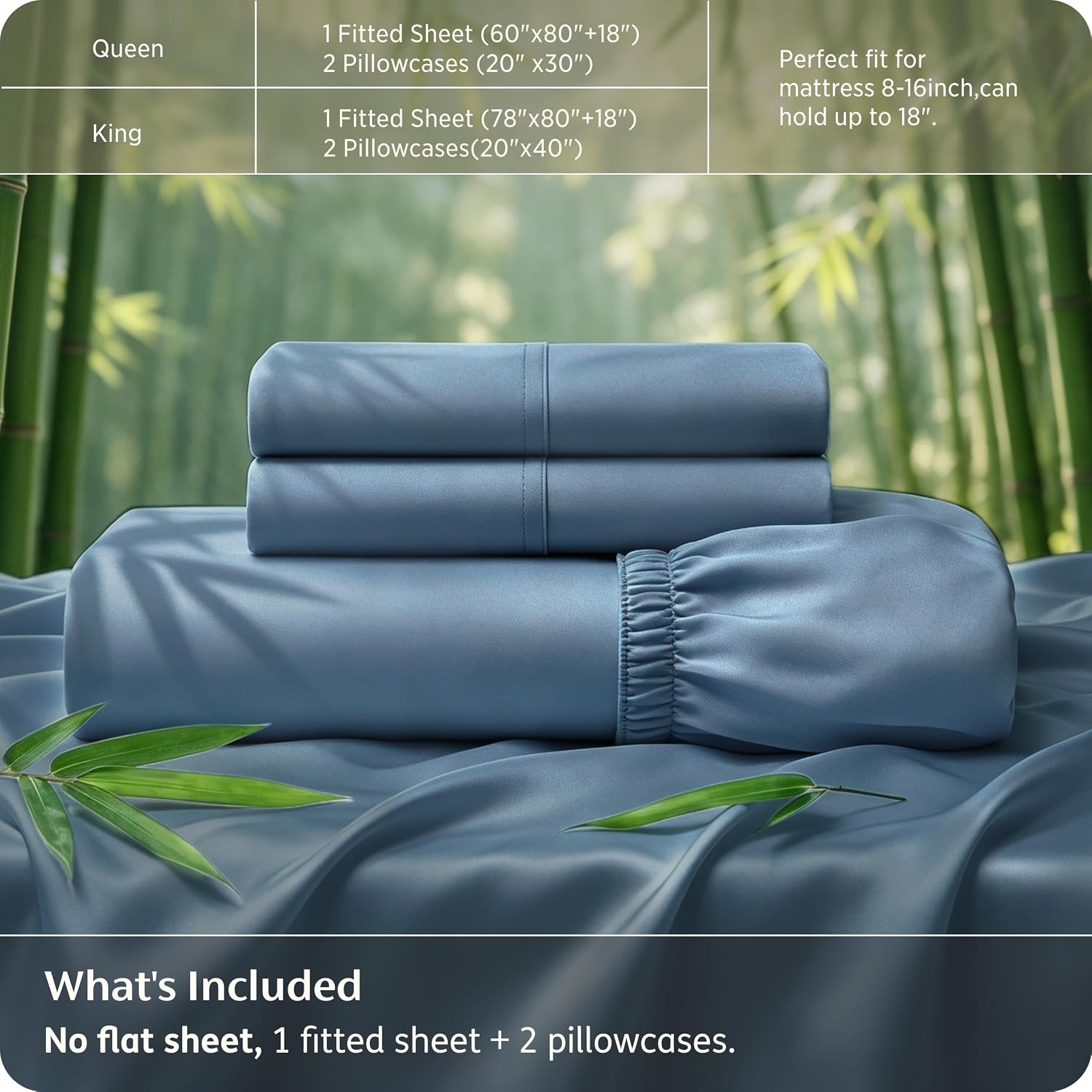 image:imageBedsure PureWoven 100 Viscose Derived from Bamboo King Size Sheet Set 3PCS Organically Grown 18 Deep Pocket Cooling Fitted Sheet Set for Hot Sleepers Luxury Silky Soft No Flat Sheet White04 Mineral Blue